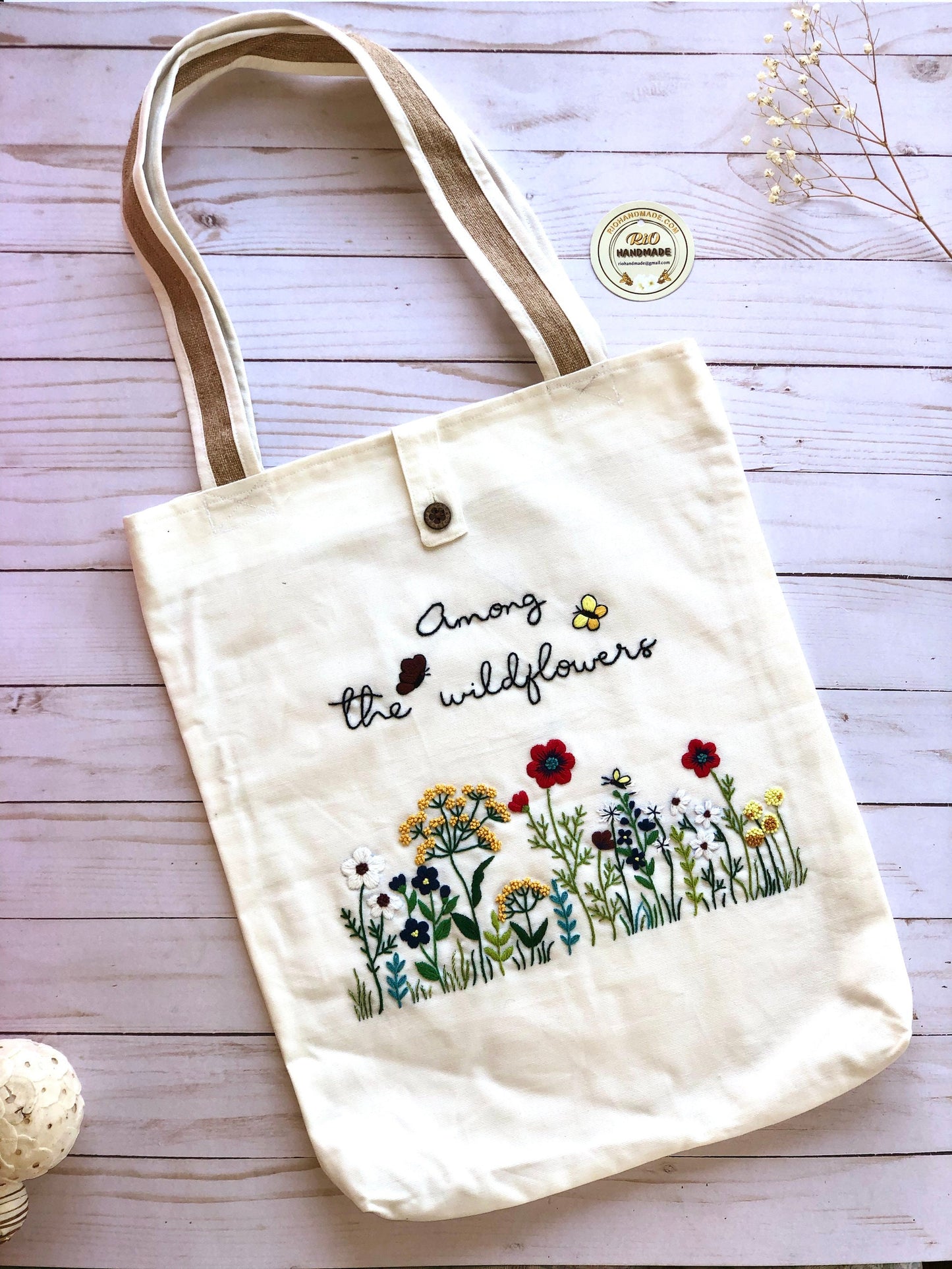 Handmade Linen Embroidery Among WildFlowers, Floral Tote Bag