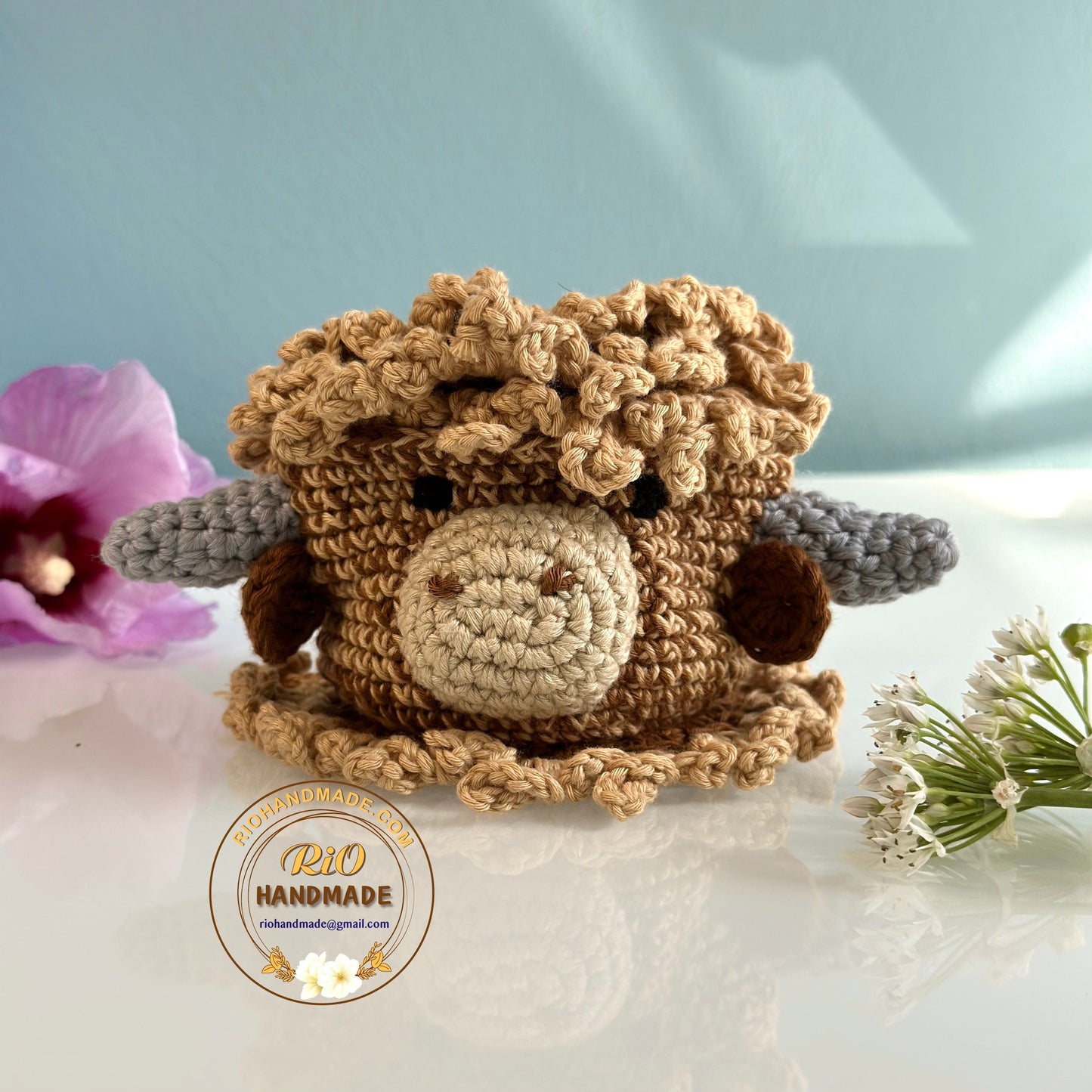 Ready To Ship, Rio Handmade Crochet Highland Cow Coaster, Set of 4 Coaster and Head, Mug Rug, Housewarming Gift, Home Decor, Birthday Gift