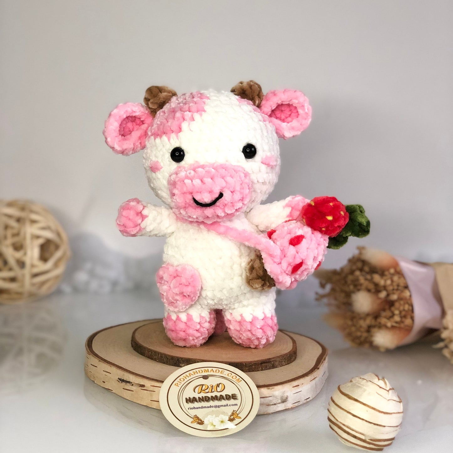Ready To Ship, Handmade Velvet Cow, Cute Strawberry Cow Plushie Crochet, Amigurumi Cow cute, Soft Toy For Baby, Toddler, Kid, Adult Hobby