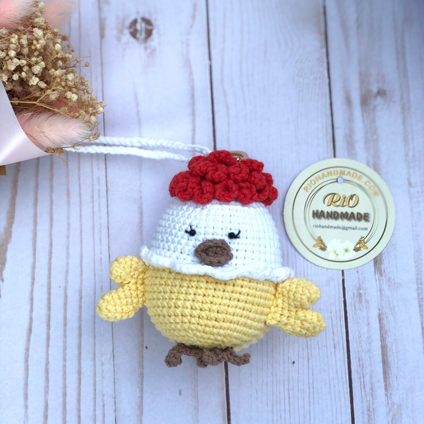 Handmade crochet chicken, pom bag charm, amigurumi rooster, cute, soft toy for baby, toddler, kid, adult hobby