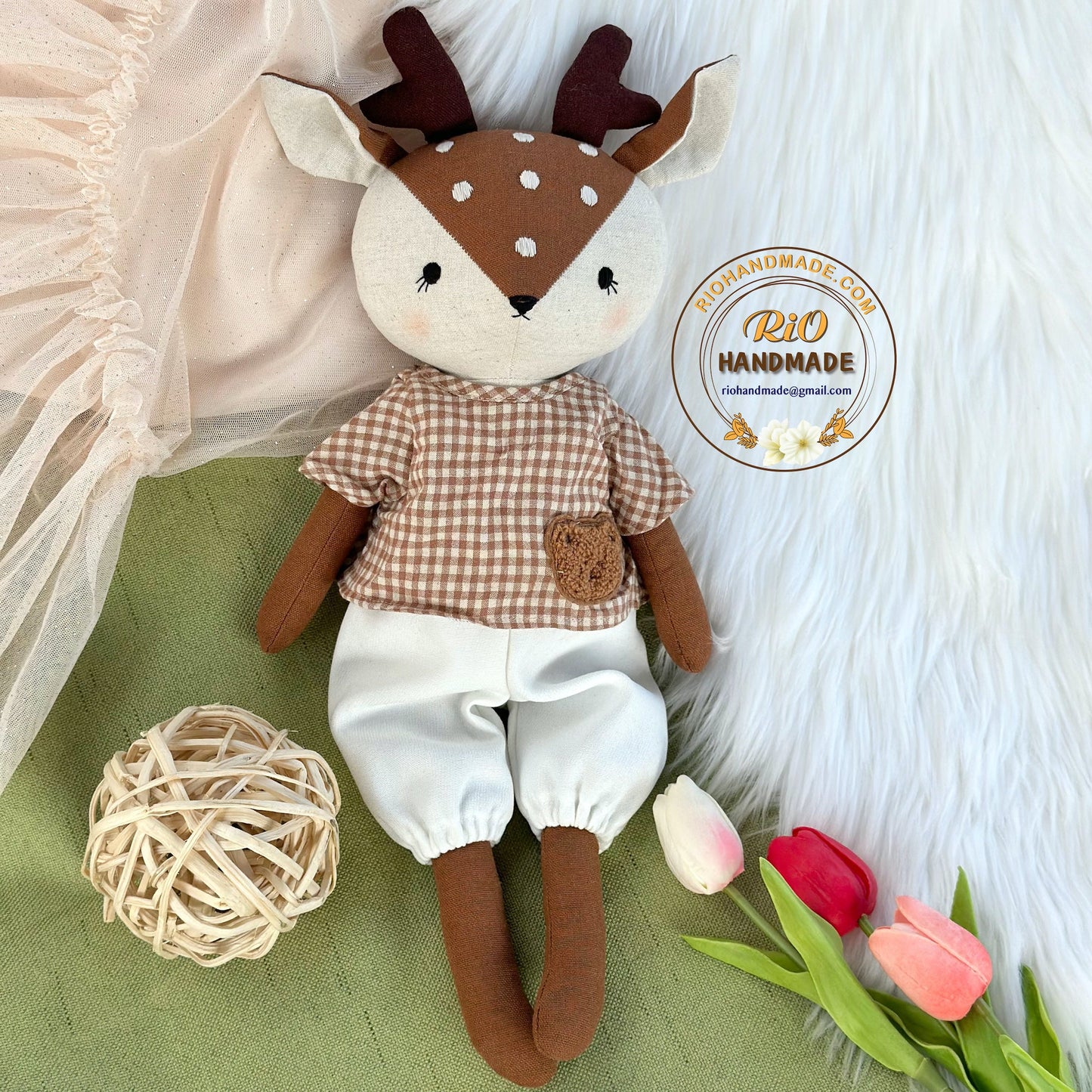 Rio Handmade Linen Deer Doll, Nursery Decor Stuffed, Linen Baby Toy, Stuffed Deer Toy For Toddler, Kid, Adult Hobby