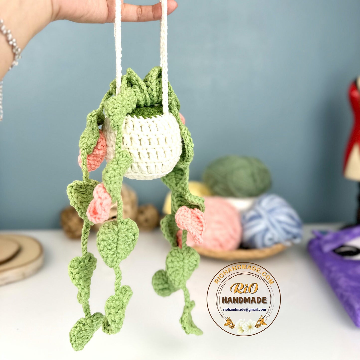 Handmade car rearview mirror charm, crochet hanging plant, Birthday gift, car hanging accessory, Car hanging plant