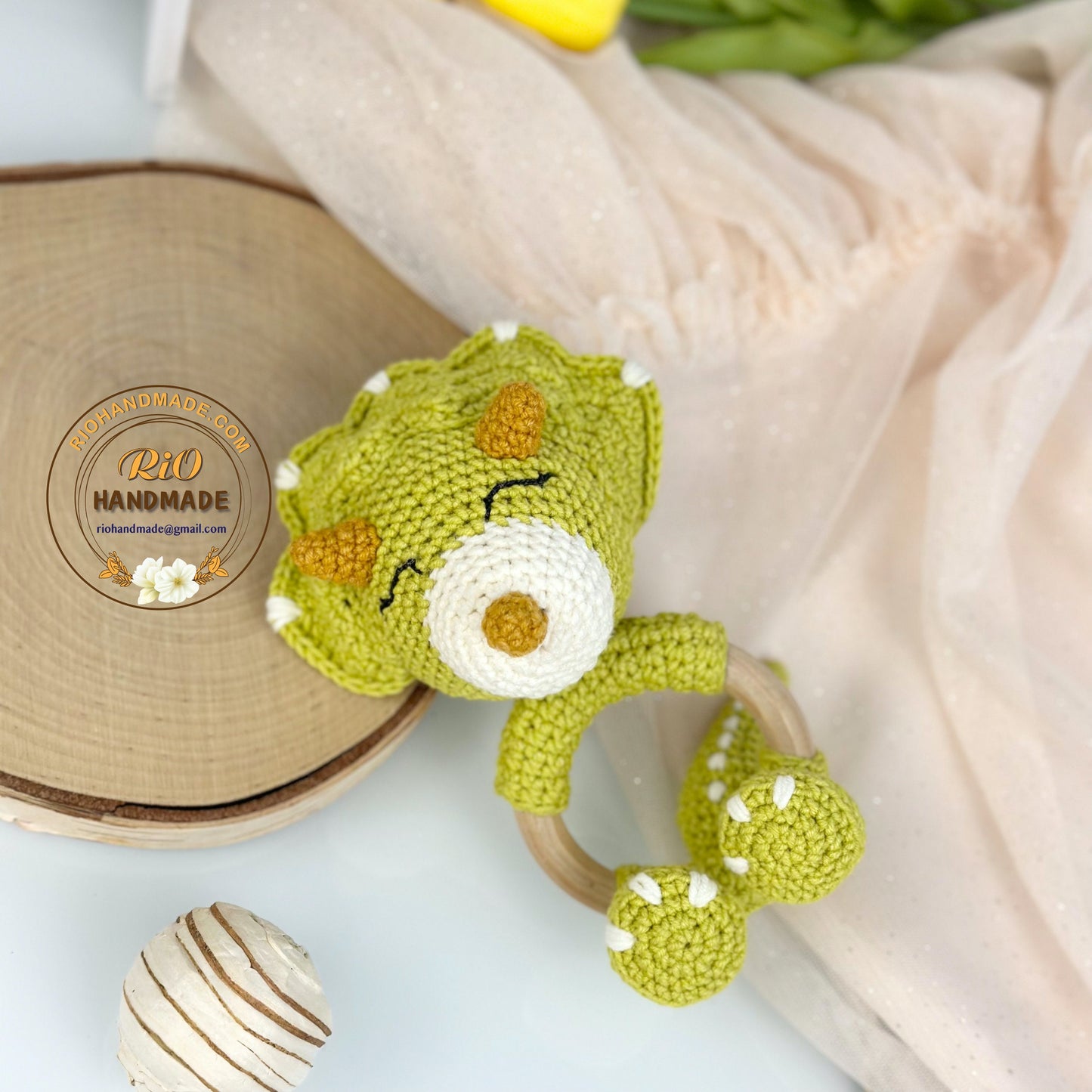 Crochet Triceratops rattle, Baby Crochet Rattle Gift, Baby Shower Gift