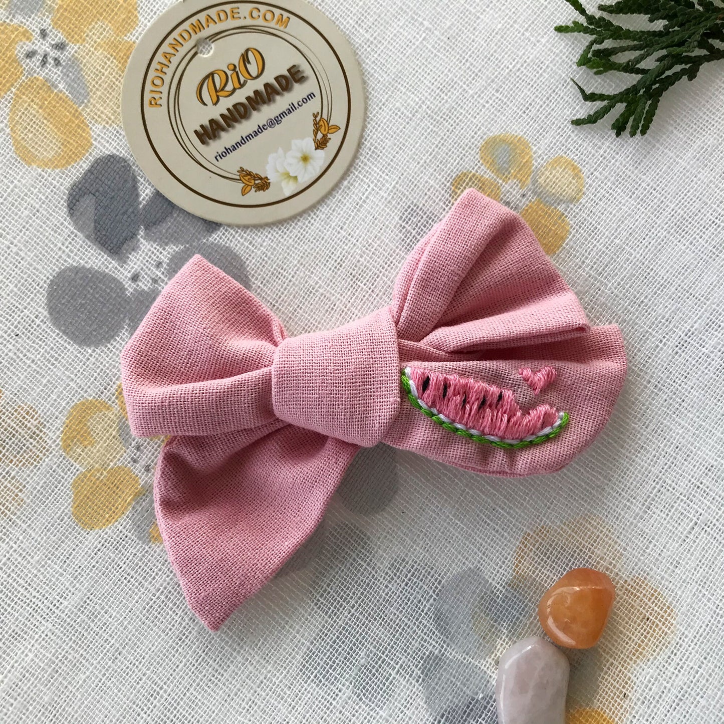 Handmade Linen Embroidery Clip Bow, Headband Bow