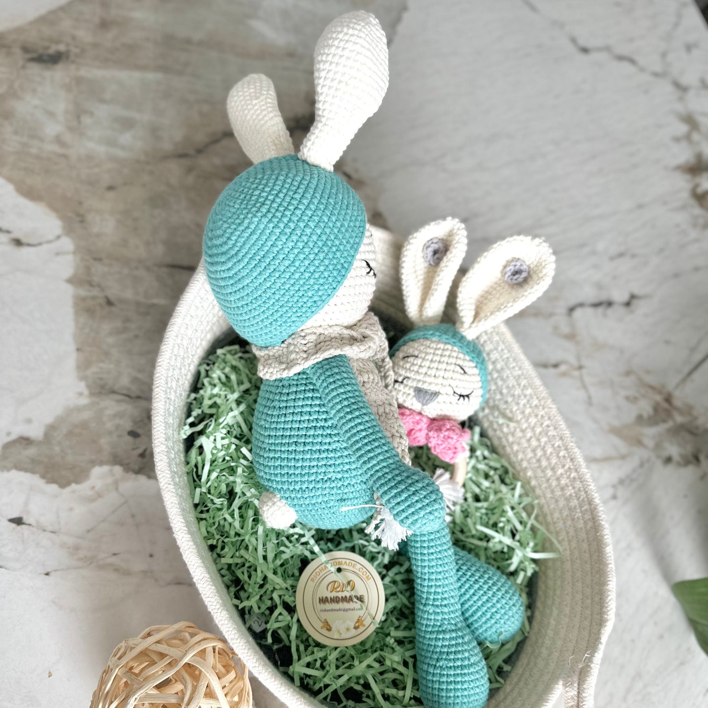 Baby Shower Gift Set For Newborns, Crochet Bunny Doll & Wooden Ring (NO SOUND) Set, Amigurumi Toy, Sleeping Rabbit, Matching Gifts