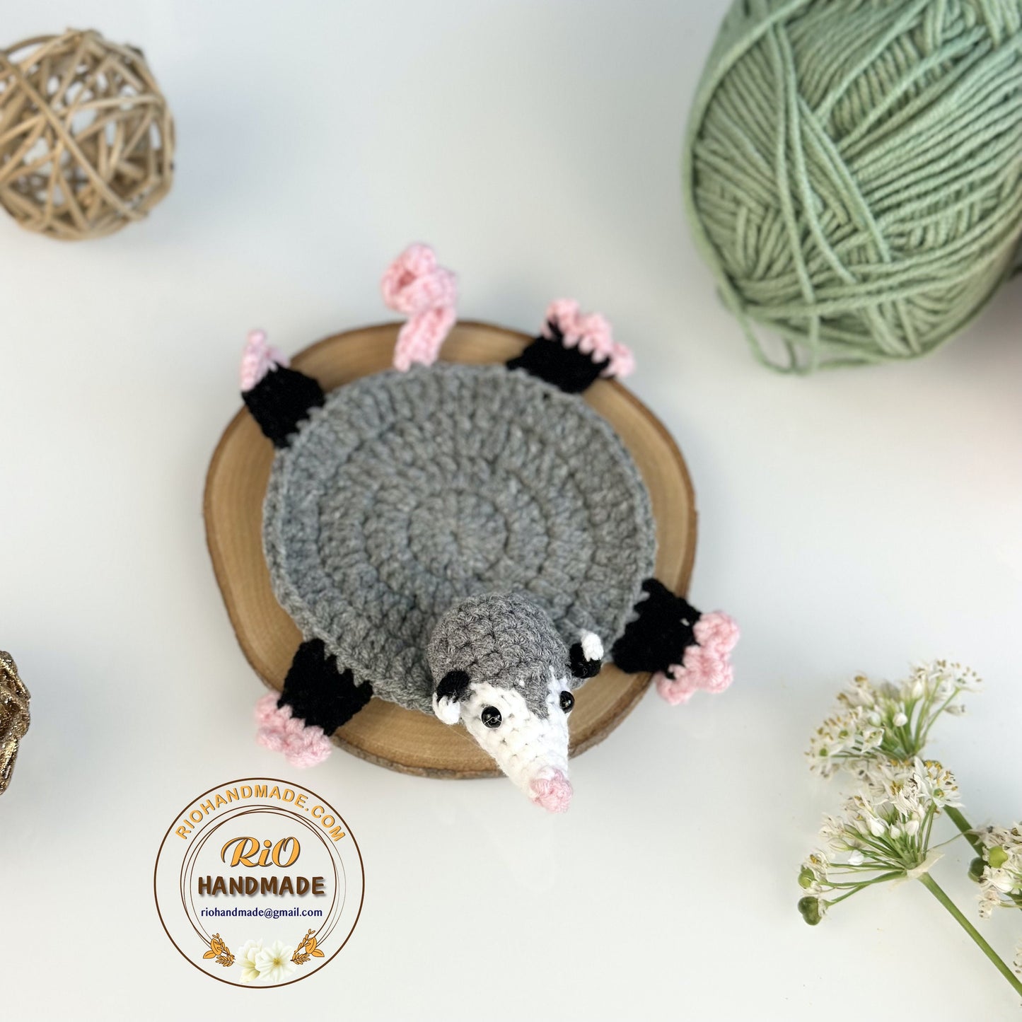Ready To Ship, Rio Handmade Crochet Coaster, Crochet Opossum Coaster, Mug Rug, Housewarming Gift, Home Decor, Gift For Teacher, Parent