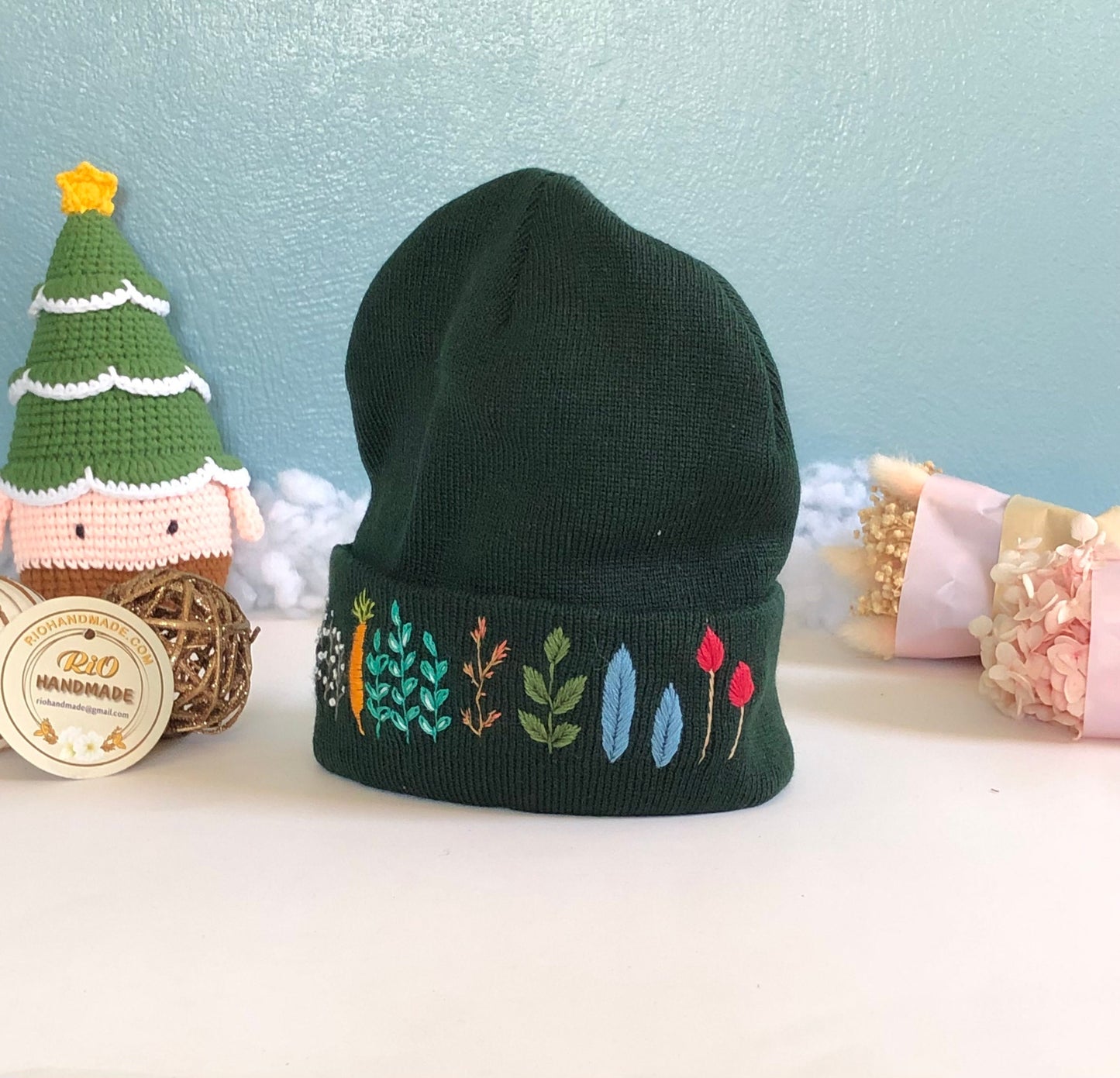Hand embroidered Beanie, Winter Hat, Plant Hat, Handmade Hat
