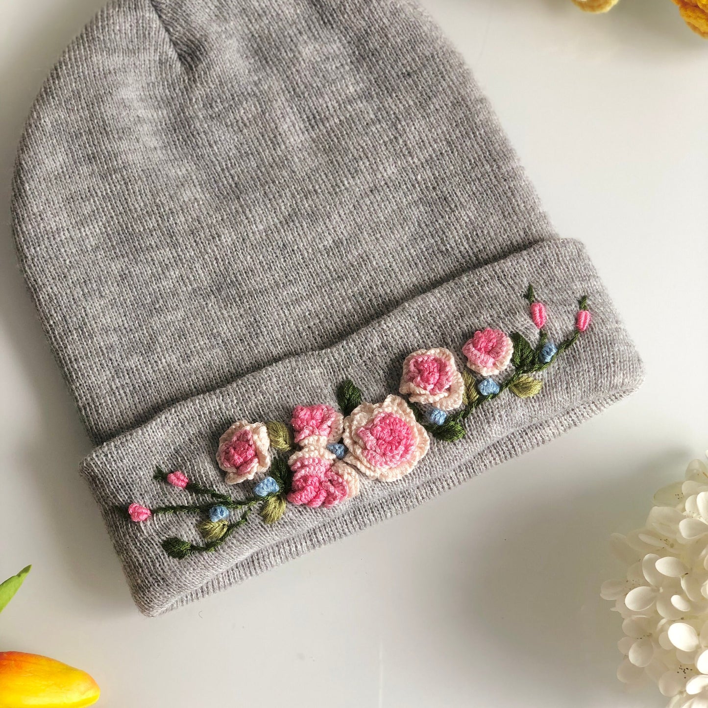 Hand embroidered Beanie, Winter Hat, Rose flower Hat, Handmade Hat, Rose flower Embroidery