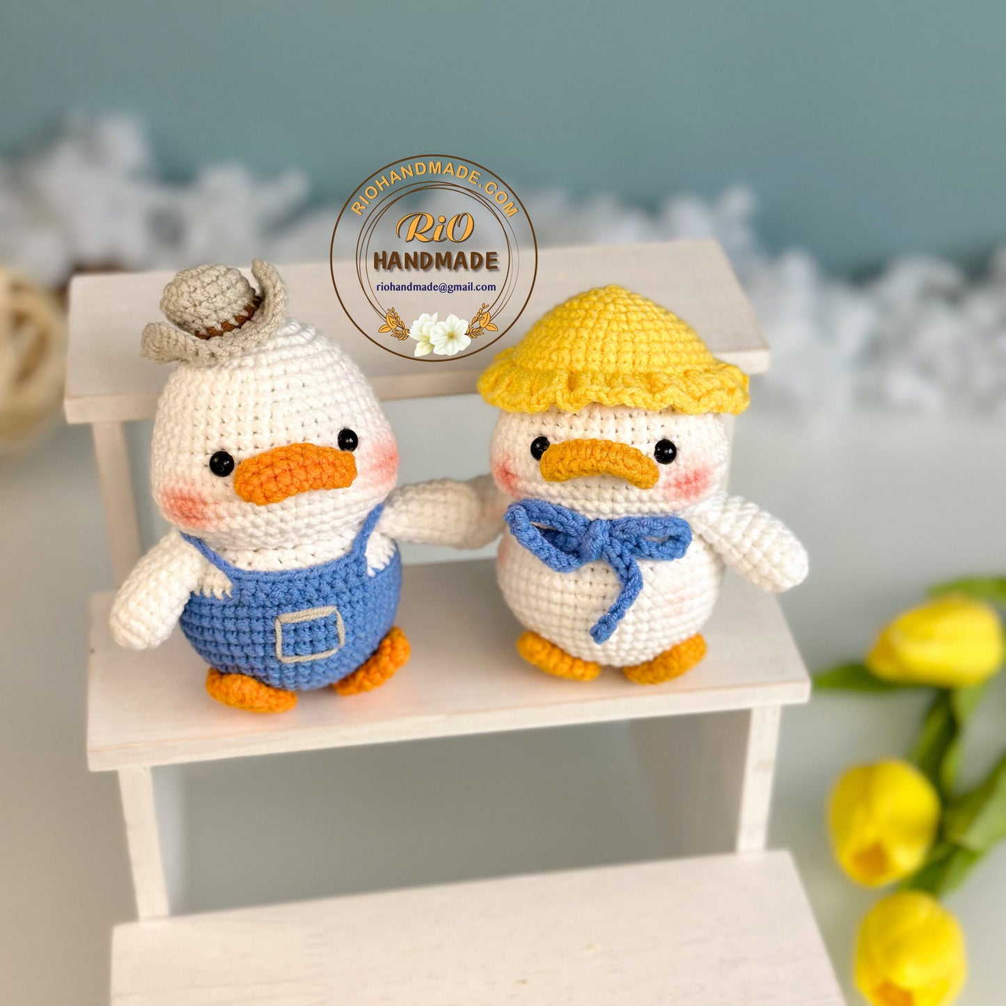 Handmade Duck Crochet, Amigurumi Farmer Duck, Toy For Kid, Cute Gift, Car Hanging Accessory