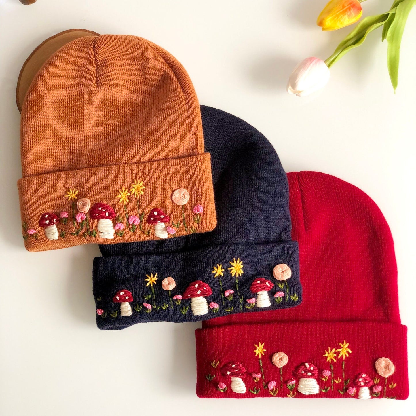 Hand embroidered Beanie, Winter Hat, Plant Hat, Handmade Hat, Mushroom Embroidery