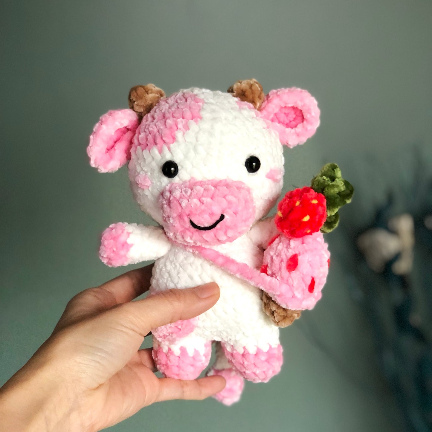 Ready To Ship, Handmade Velvet Cow, Cute Strawberry Cow Plushie Crochet, Amigurumi Cow cute, Soft Toy For Baby, Toddler, Kid, Adult Hobby