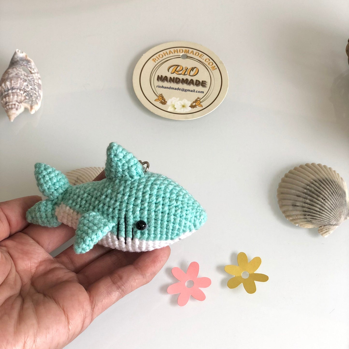 Handmade Shark crochet keychain, pom bag charm, car rear view hanging mirrior, amigurumi, cute gift.