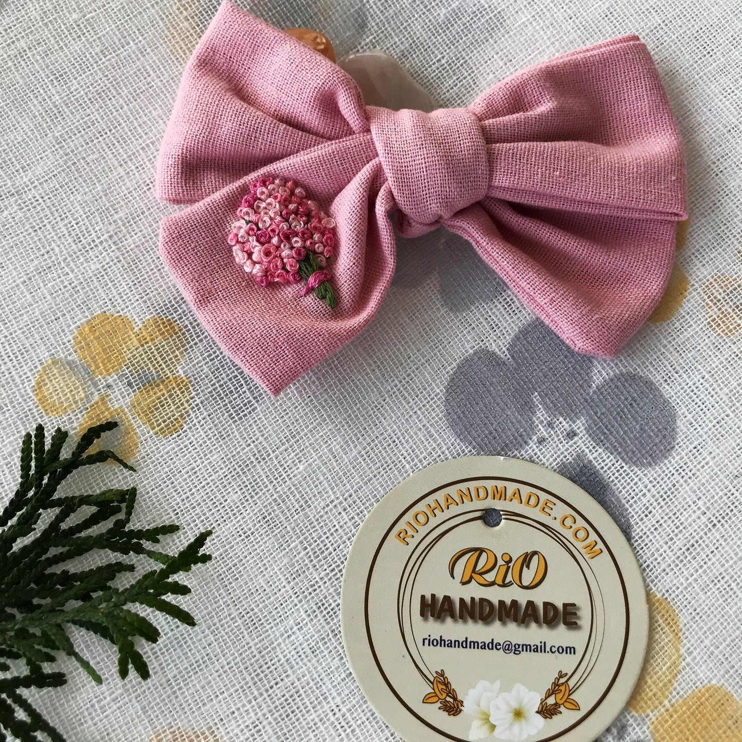 Handmade Linen Embroidery Clip Bow, Headband Bow