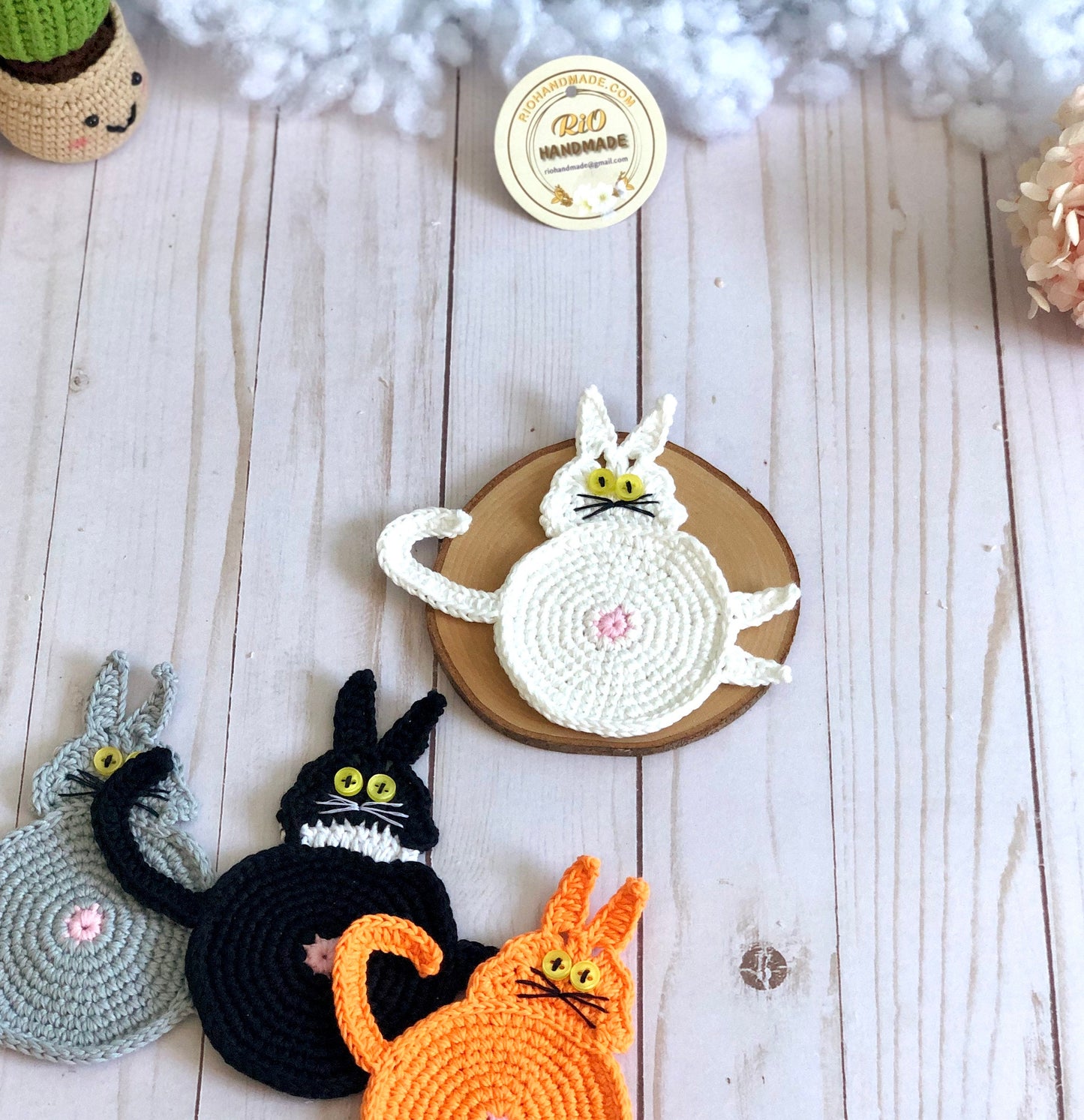 Handmade Crochet Amigurumi Coaster, Cat Coaster, Mug Rug, Kitten Bottom, Housewarming Gift, Home Decor