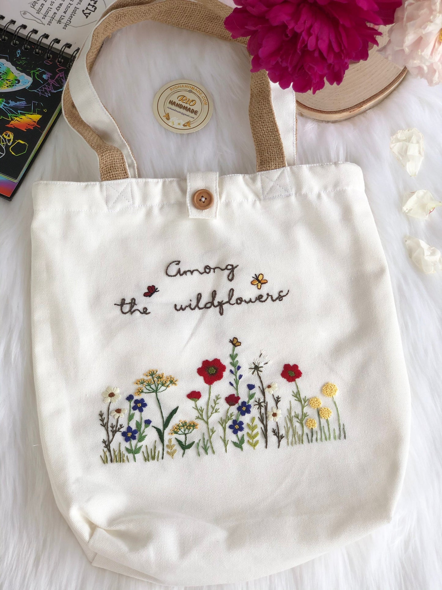 Handmade Linen Embroidery Among WildFlowers, Floral Tote Bag