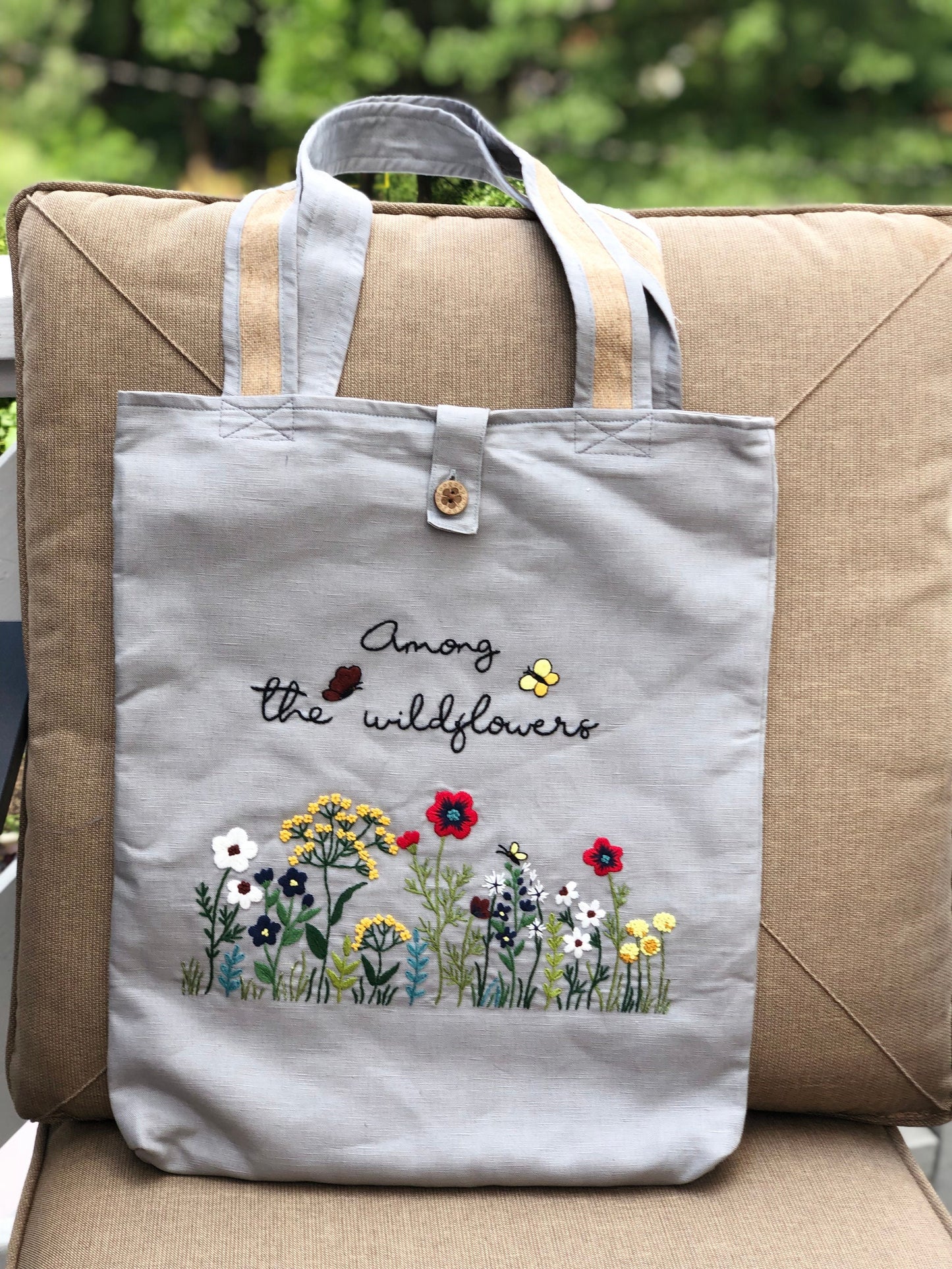 Handmade Linen Embroidery Among WildFlowers, Floral Tote Bag