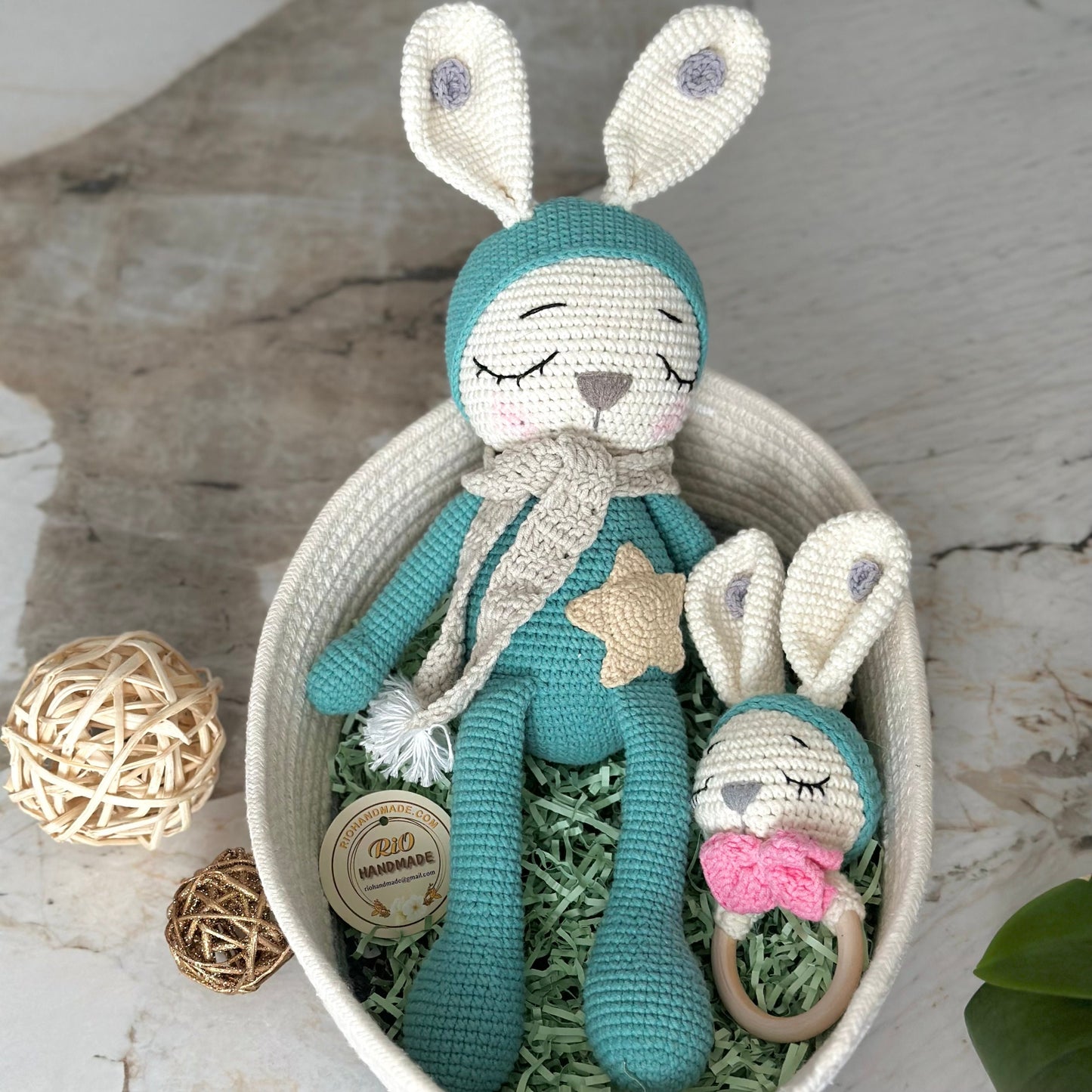 Baby Shower Gift Set For Newborns, Crochet Bunny Doll & Wooden Ring (NO SOUND) Set, Amigurumi Toy, Sleeping Rabbit, Matching Gifts