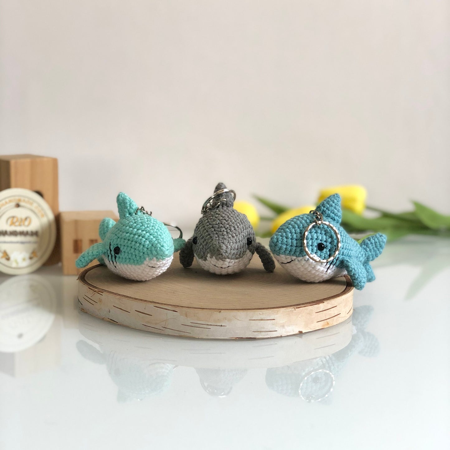 Handmade Shark crochet keychain, pom bag charm, car rear view hanging mirrior, amigurumi, cute gift.