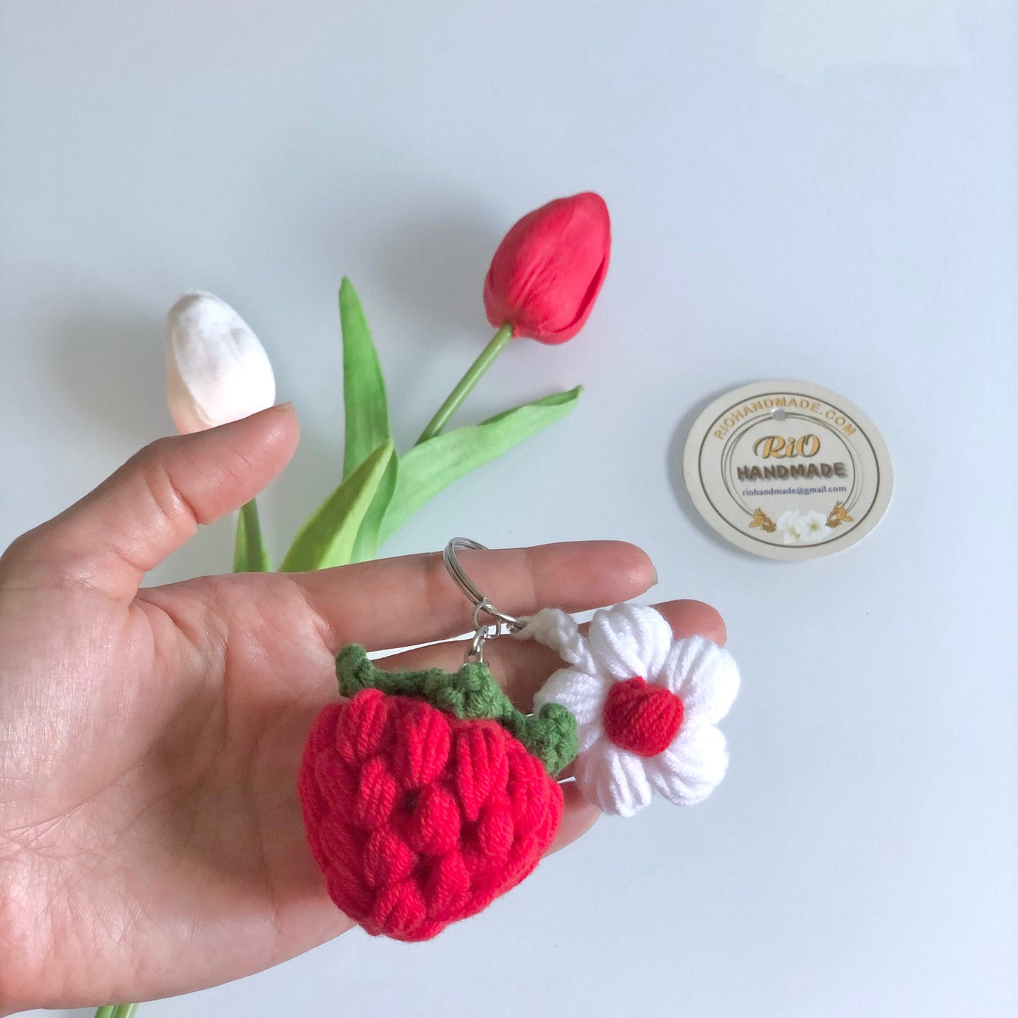 Handmade Strawberry, Crochet Strawberry and Flower Keychain, Amigurumi Strawberry and flower, Cute Gift