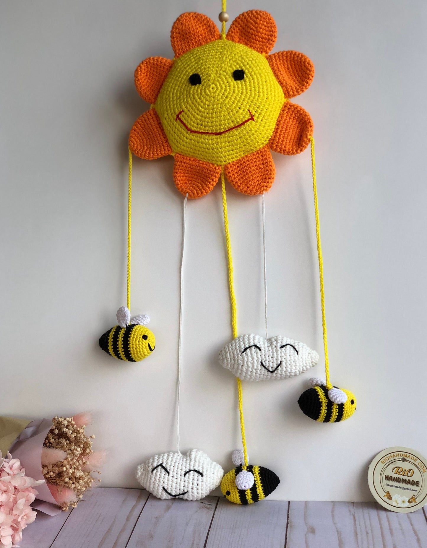 Crib mobile for baby, Crochet Sun wall decor for kids room, Crochet hanging