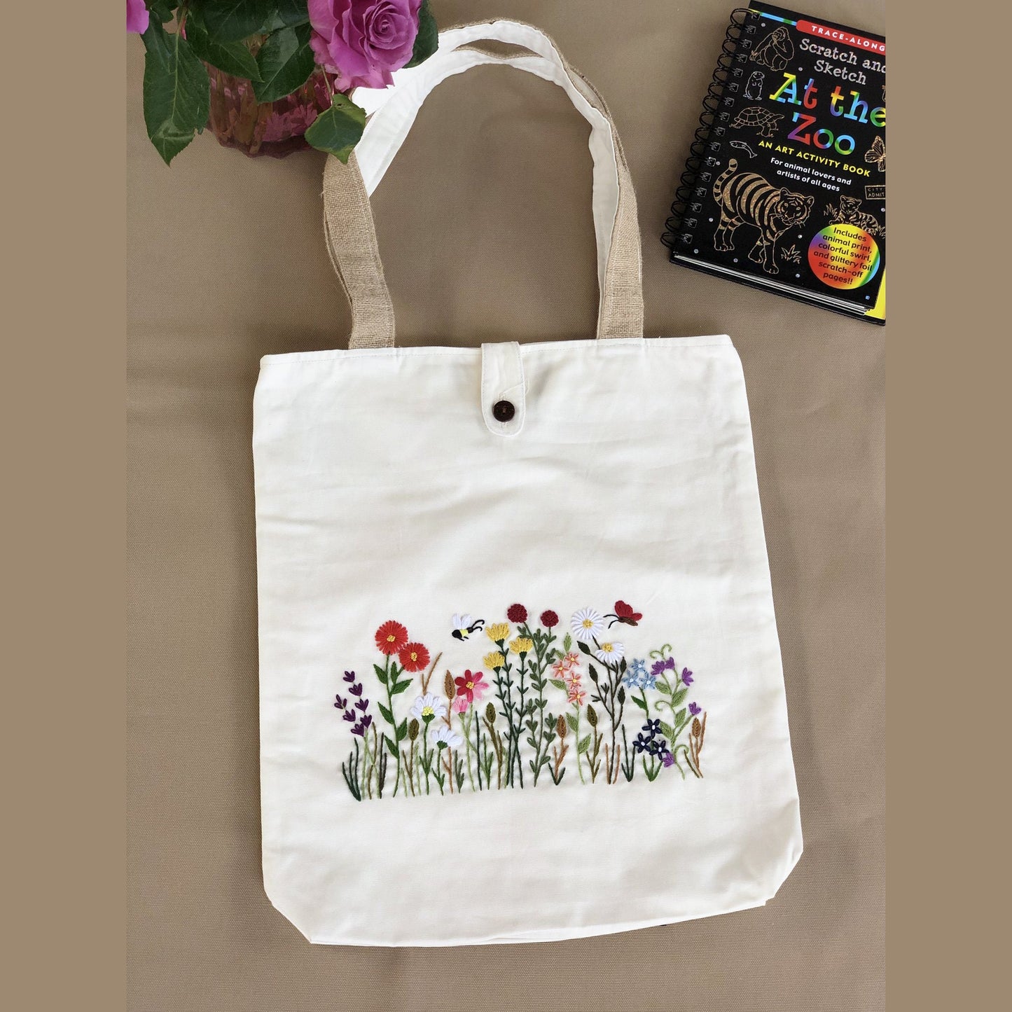 Ready To Ship, Handmade Embroidery Floral Tote Bag Wild Flowers