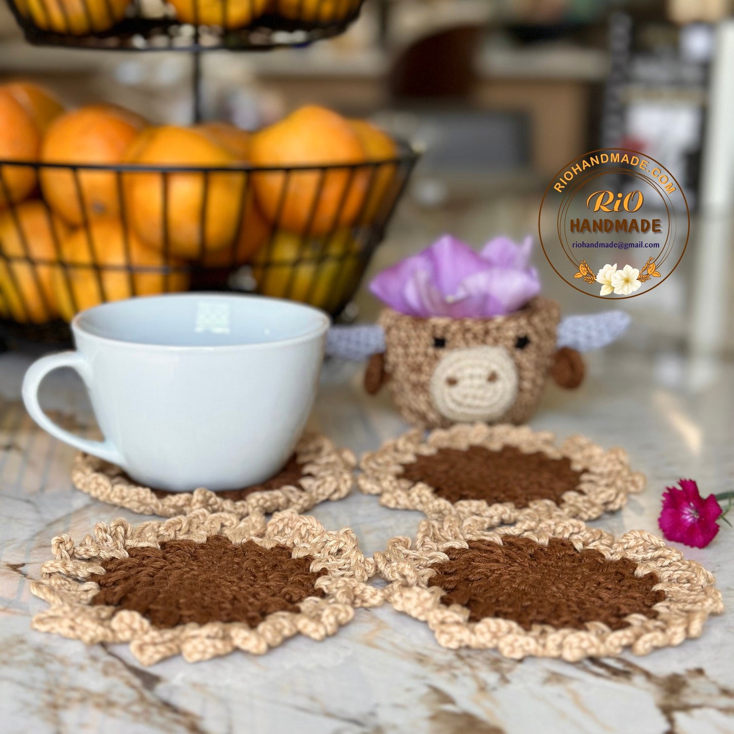 Ready To Ship, Rio Handmade Crochet Highland Cow Coaster, Set of 4 Coaster and Head, Mug Rug, Housewarming Gift, Home Decor, Birthday Gift