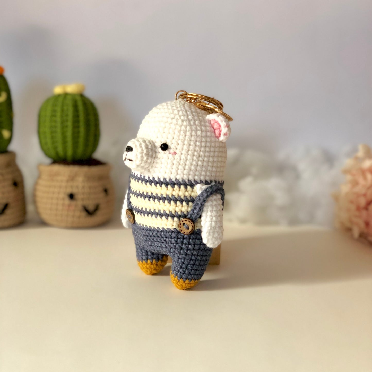 Handmade bear crochet keychain, pom bag charm, car rear view hanging mirrior, amigurumi, cute gift.