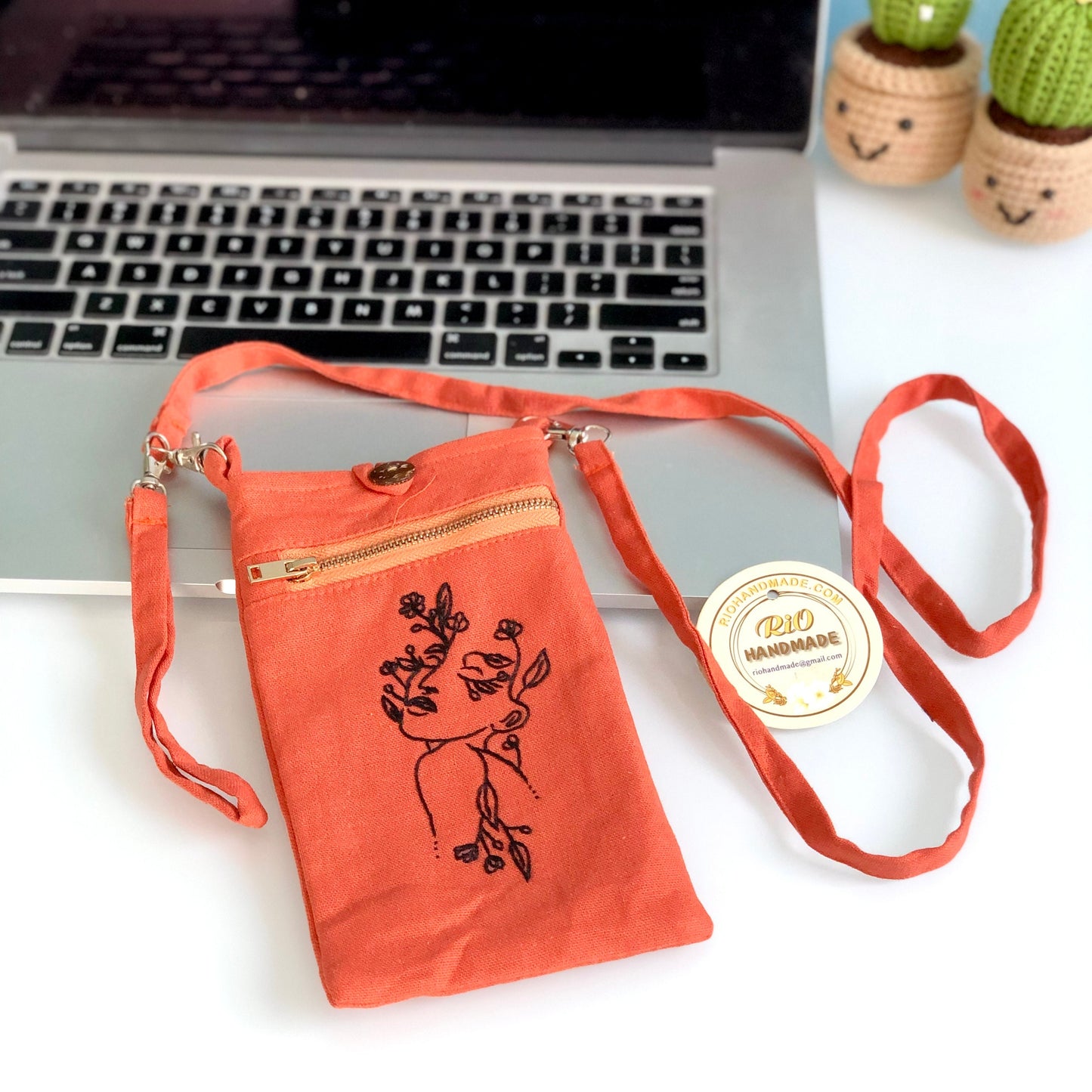Hand Embroidered Linen Crossbody Phone Pouch, Linen Iphone Pouch, Cell phone crossbody purse