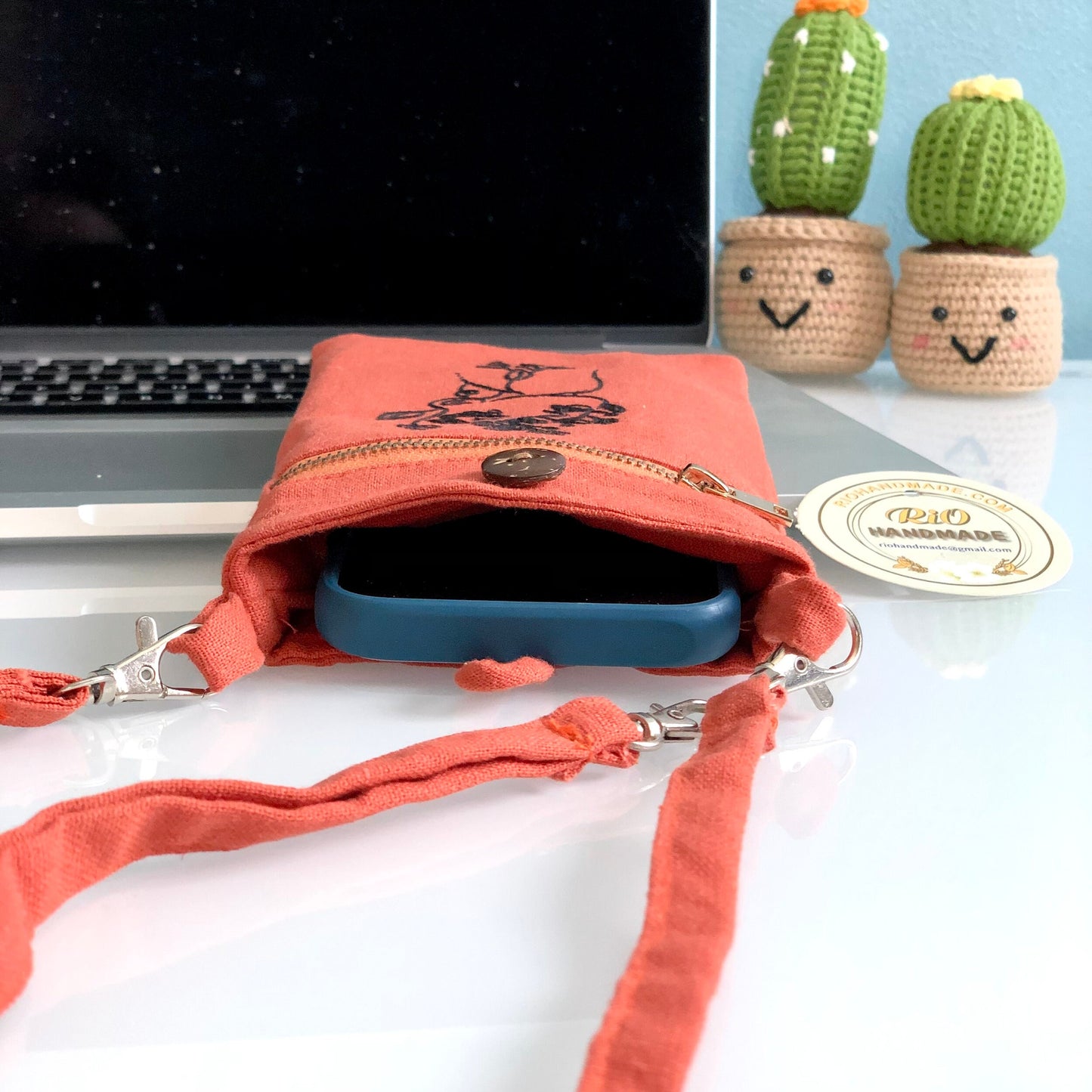 Hand Embroidered Linen Crossbody Phone Pouch, Linen Iphone Pouch, Cell phone crossbody purse