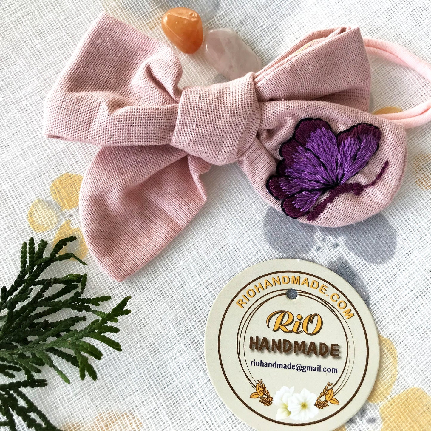 Handmade Linen Embroidery Bow, Baby Girl Headband, Soft Newborn Headband