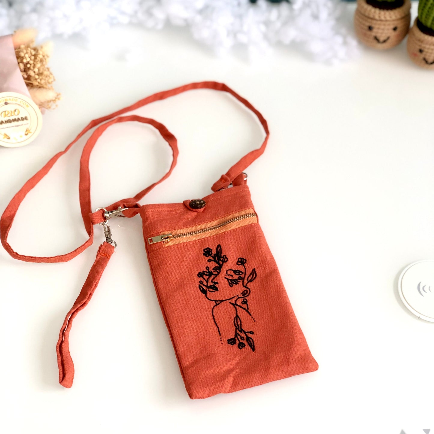 Hand Embroidered Linen Crossbody Phone Pouch, Linen Iphone Pouch, Cell phone crossbody purse
