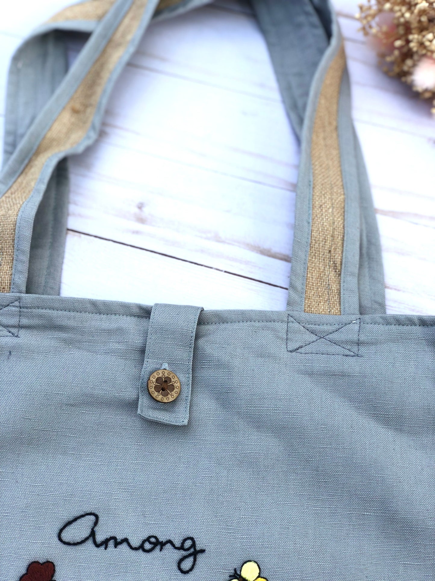 Handmade Linen Embroidery Among WildFlowers, Floral Tote Bag