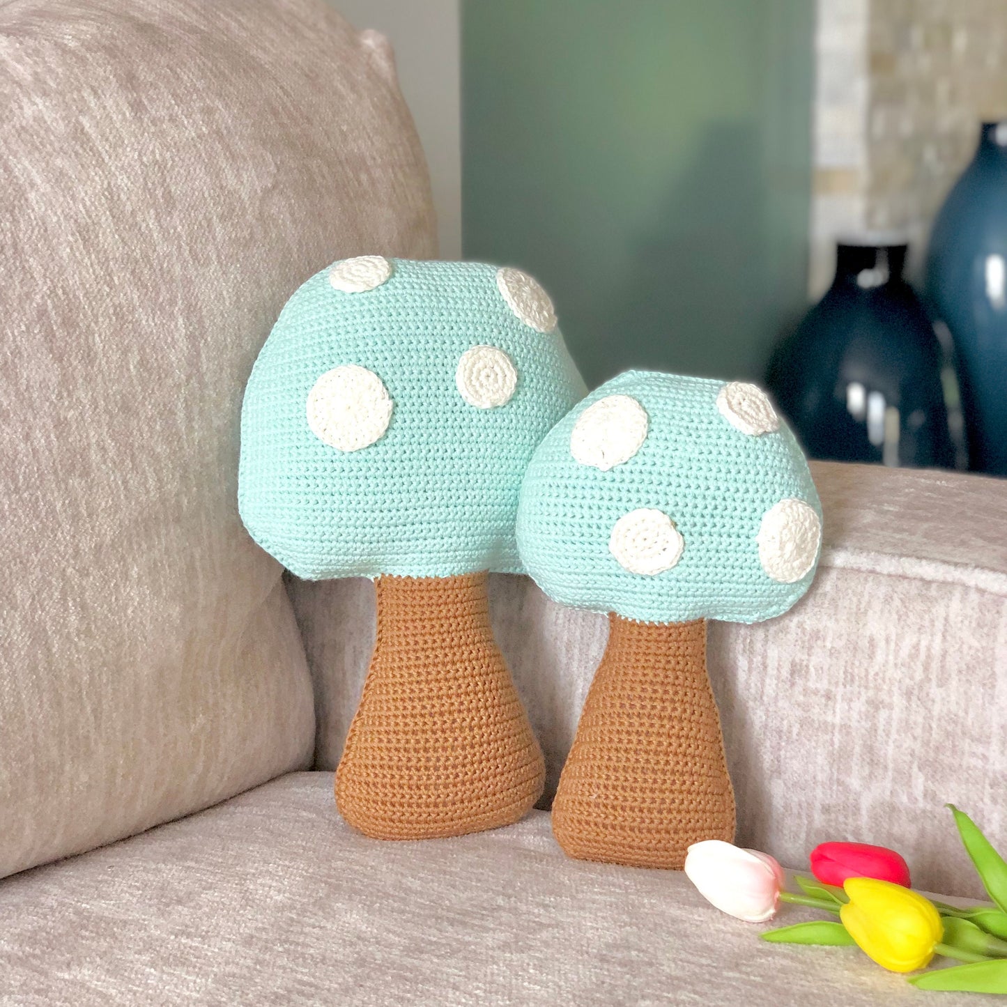 Handmade cotton yarn mushroom pillow crochet, home decor, amigurumi, decorative mushroom throw pillow