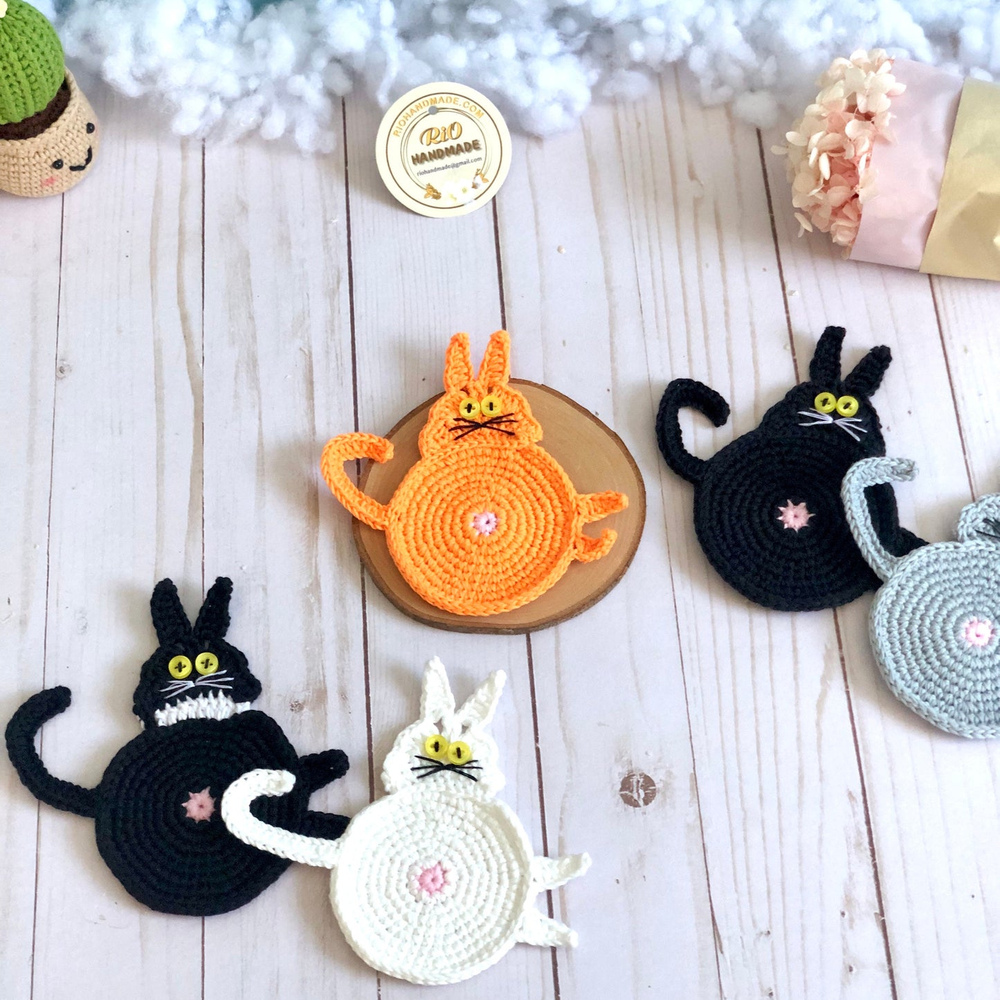 Handmade Crochet Amigurumi Coaster, Cat Coaster, Mug Rug, Kitten Bottom, Housewarming Gift, Home Decor