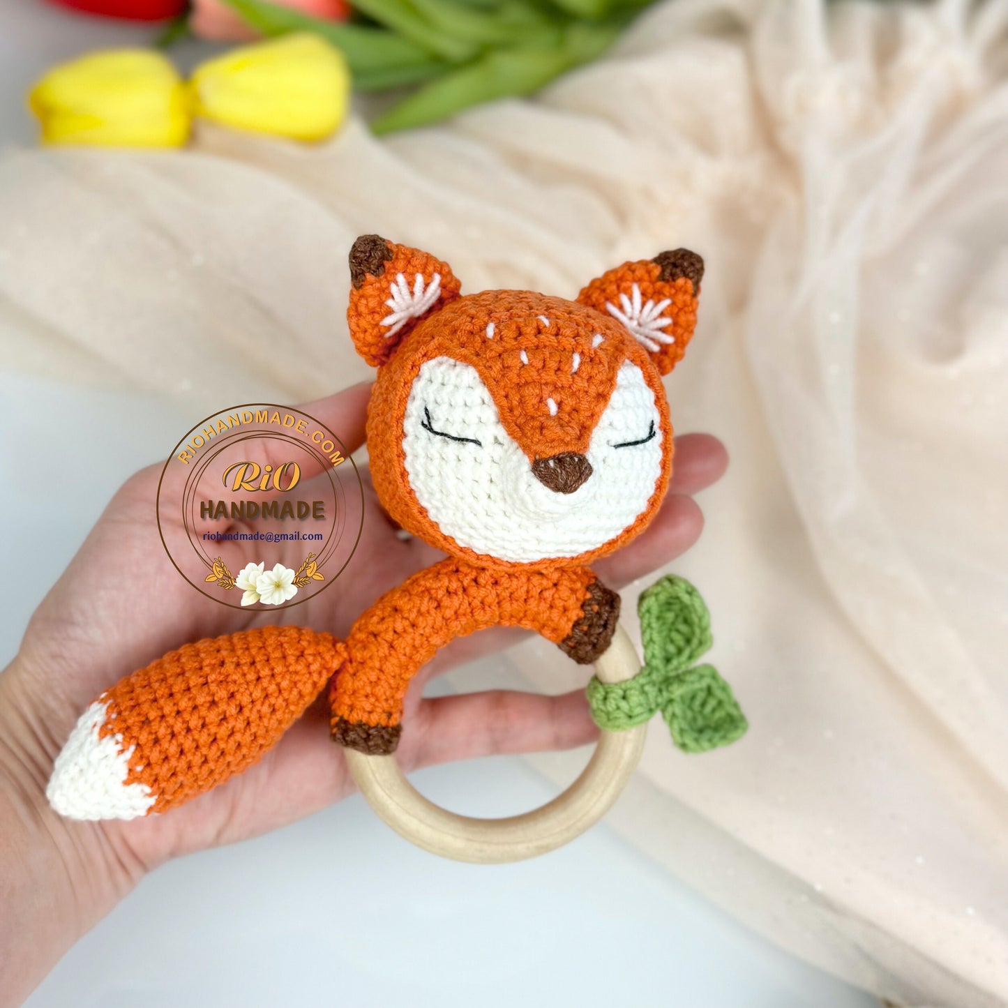 Crochet Fox Rattle, Baby Crochet Rattle Gift, Baby Shower Gift, Crochet Rattle For Personalized Baby, Teething Ring, Birth Gift
