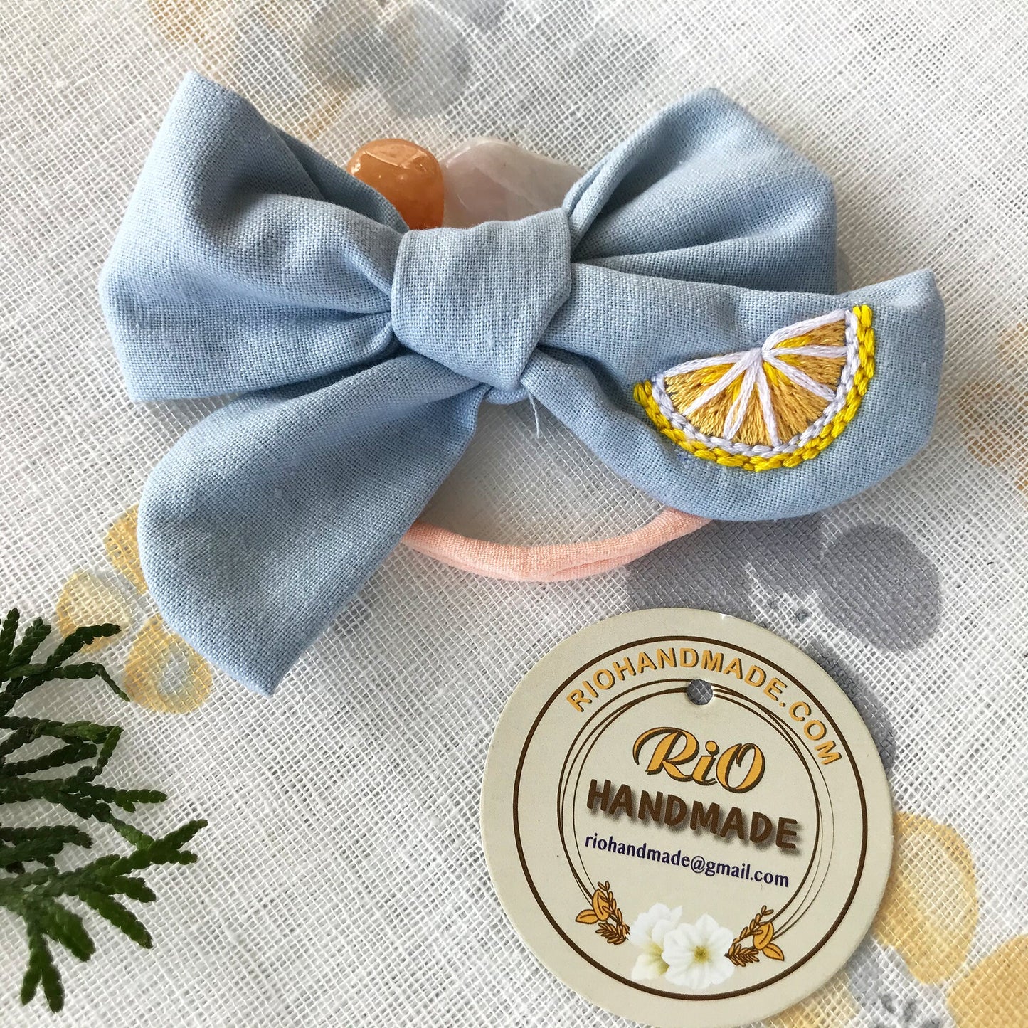 Handmade Linen Embroidery Bow, Baby Girl Headband, Soft Newborn Headband