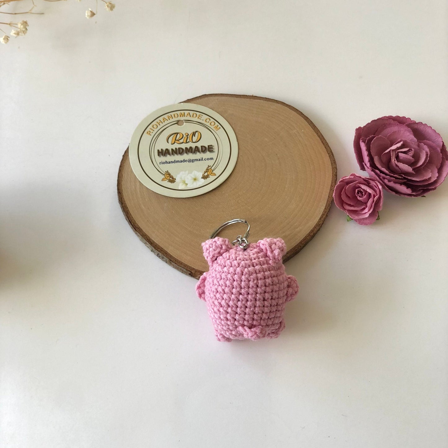 Handmade pink pig crochet keychain mirror charm crochet amigurumi, plushie toy, gift, car hanging accessory