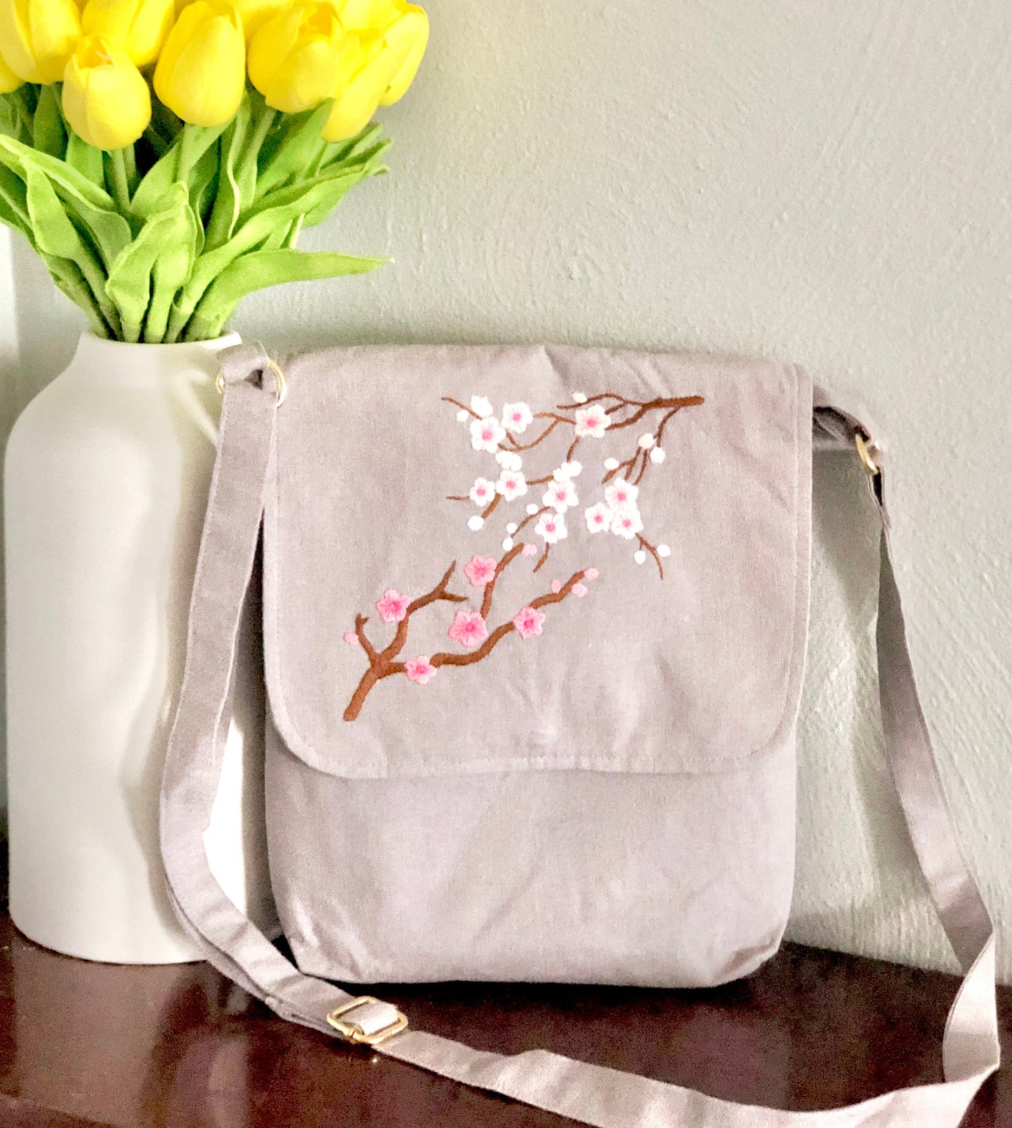 Hand Embroidered Cherry Blossom Linen Crossbody Bag, Linen Bag, Crossbody Bag
