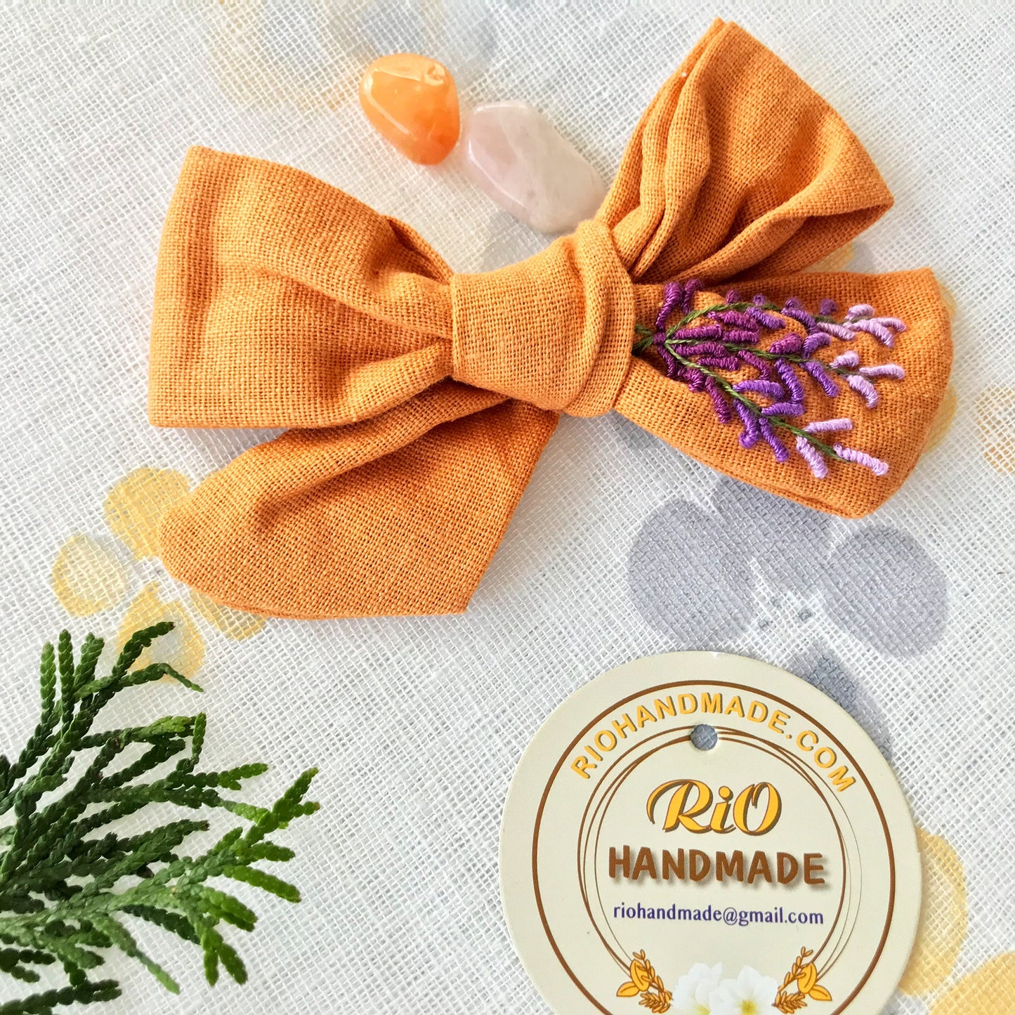 Handmade Linen Embroidery Bow, Baby Girl Headband, Soft Newborn Headband