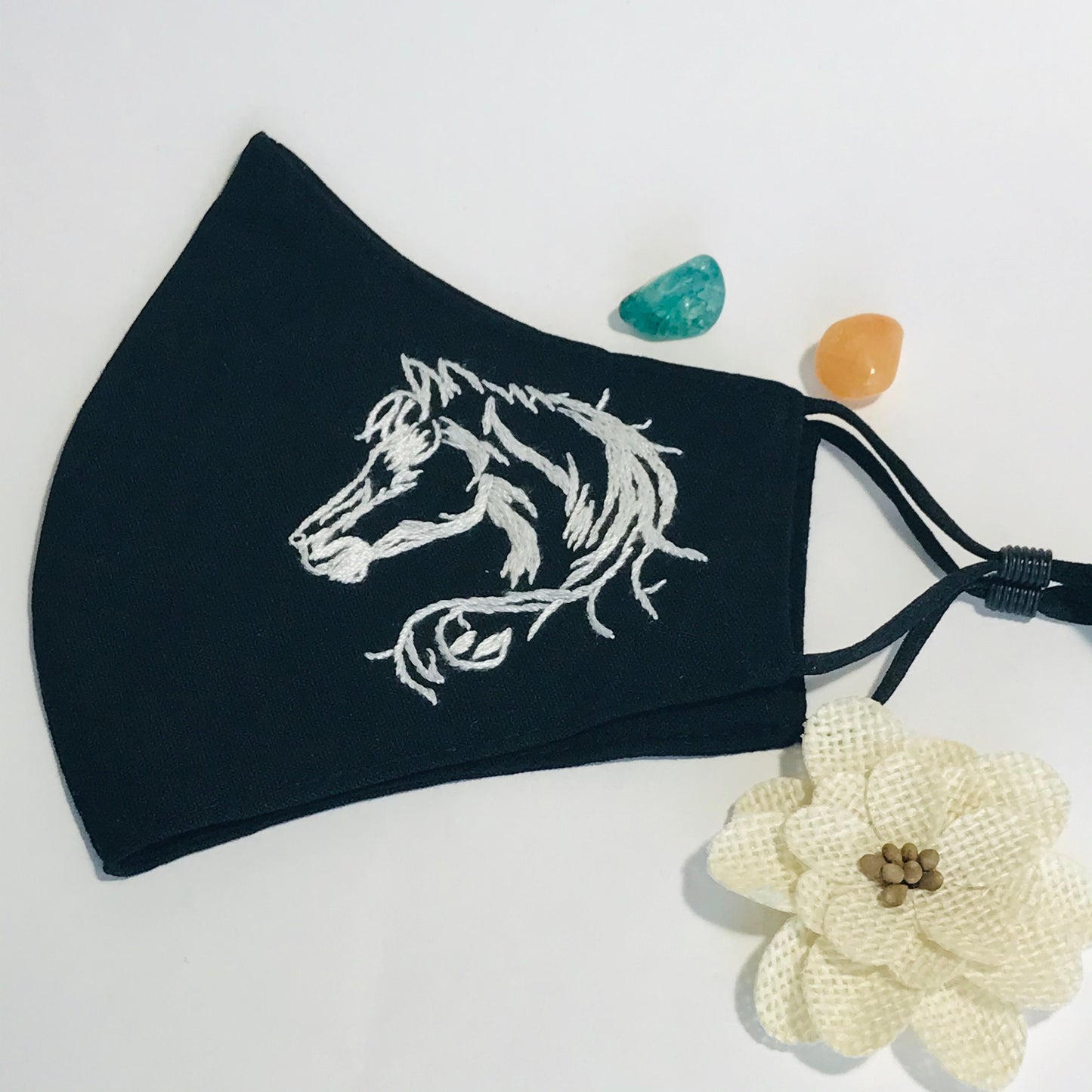 High quality hand embroidery linen face mask with filter pocket, size large.