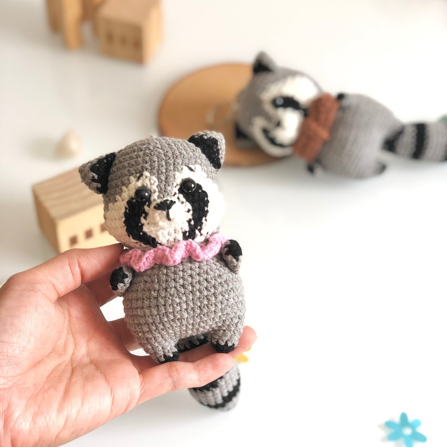 Handmade raccoon crochet, amigurumi stuffed, soft toy for baby, kid, gift, car hanging accessory