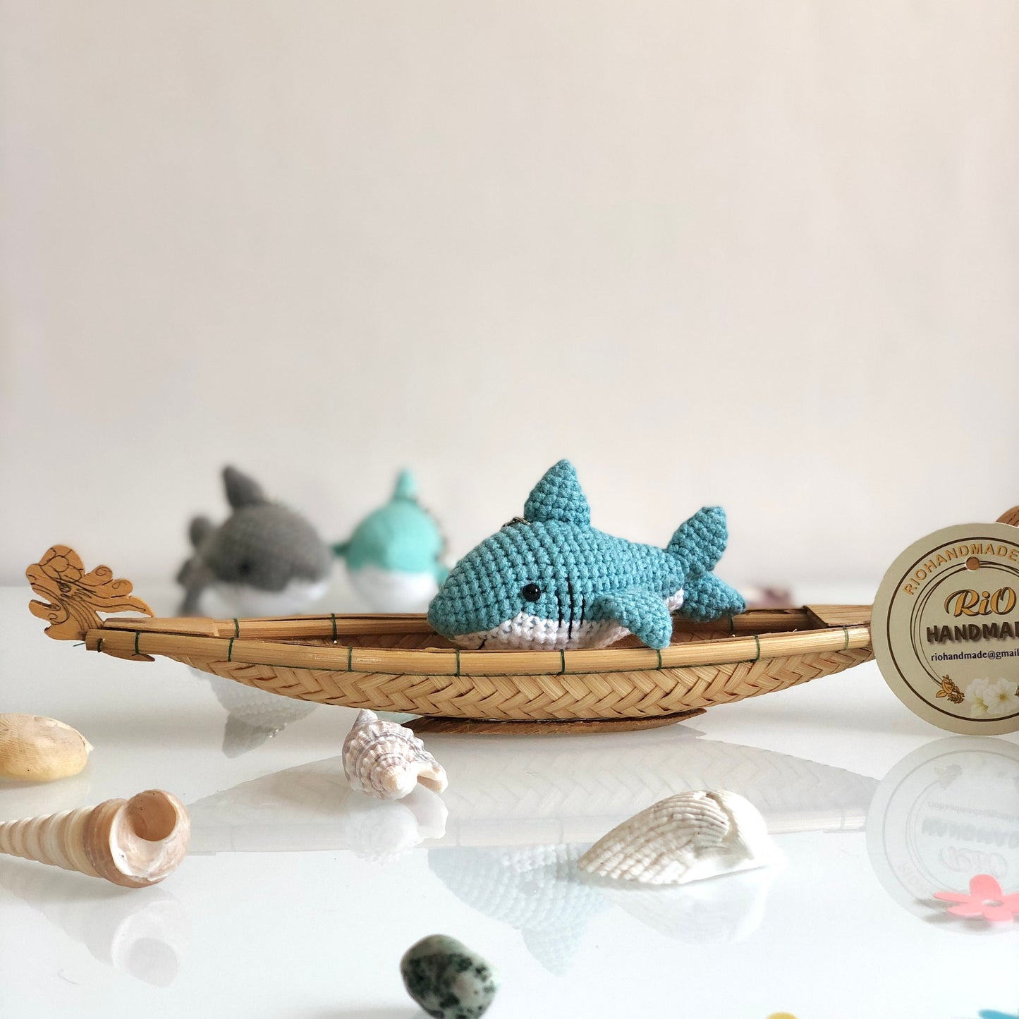 Handmade Shark crochet keychain, pom bag charm, car rear view hanging mirrior, amigurumi, cute gift.