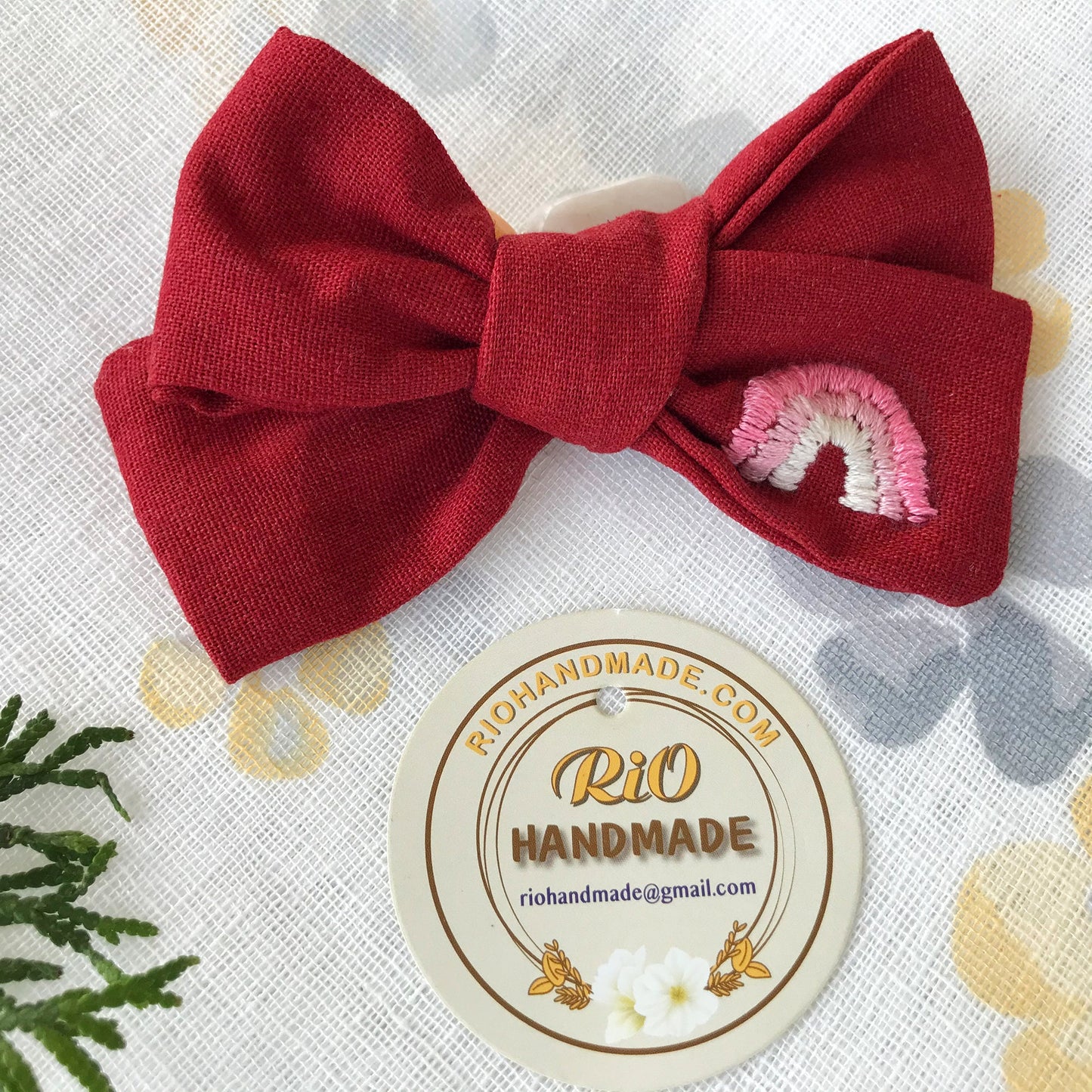 Handmade Linen Embroidery Clip Bow, Headband Bow