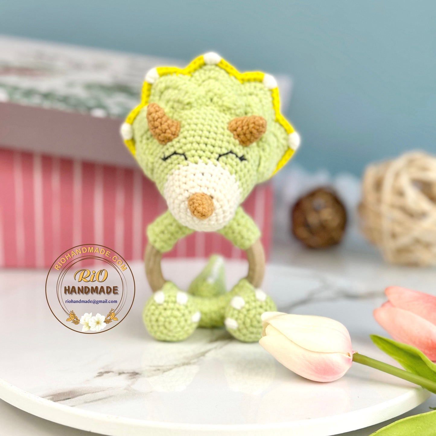 Crochet Triceratops rattle, Baby Crochet Rattle Gift, Baby Shower Gift
