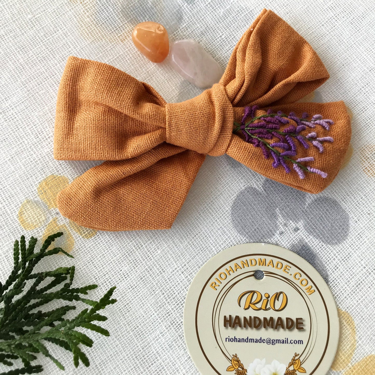 Handmade Linen Embroidery Clip Bow, Headband Bow