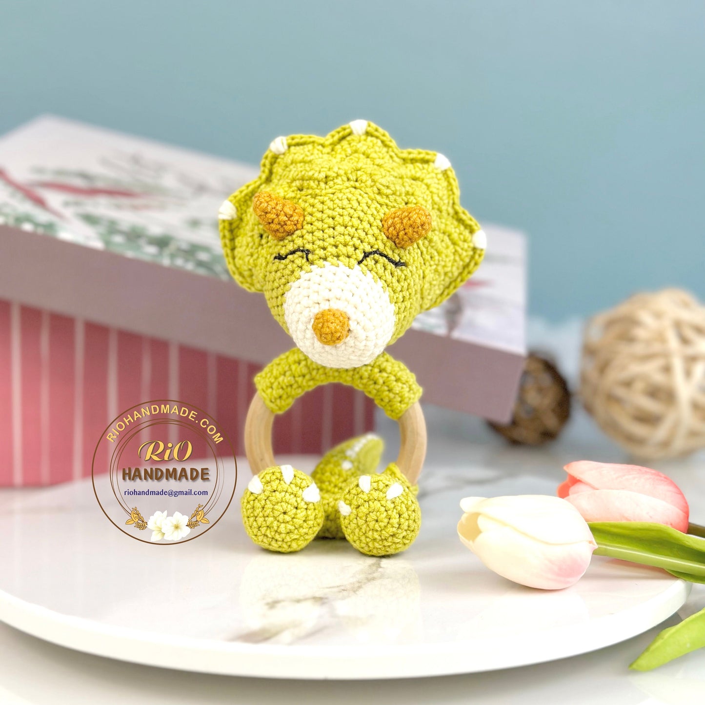 Crochet Triceratops rattle, Baby Crochet Rattle Gift, Baby Shower Gift