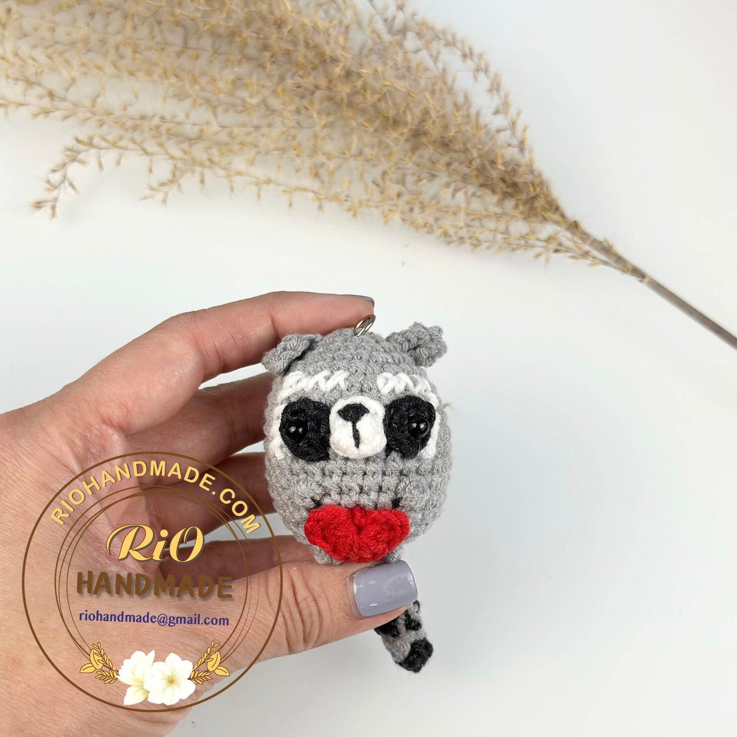 Rio Handmade raccoon crochet keychain mirror charm crochet amigurumi, plushie toy, gift