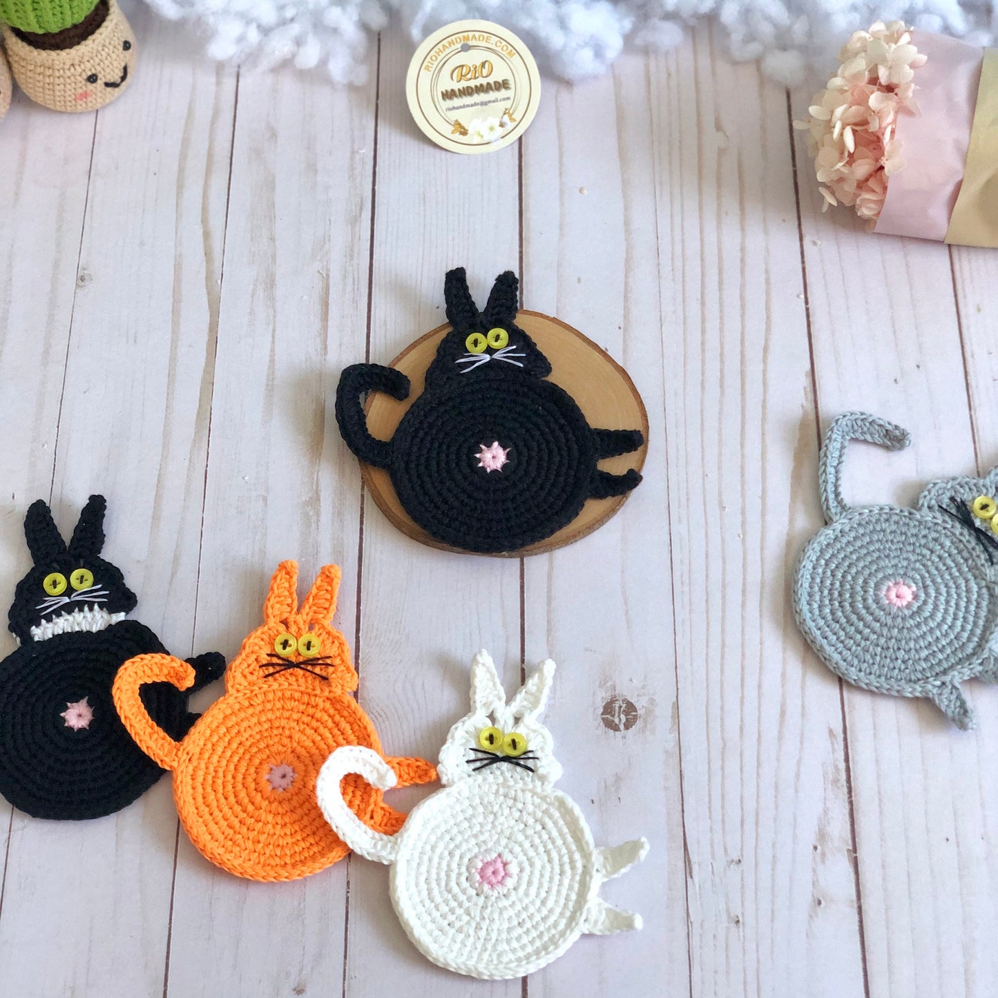 Handmade Crochet Amigurumi Coaster, Cat Coaster, Mug Rug, Kitten Bottom, Housewarming Gift, Home Decor