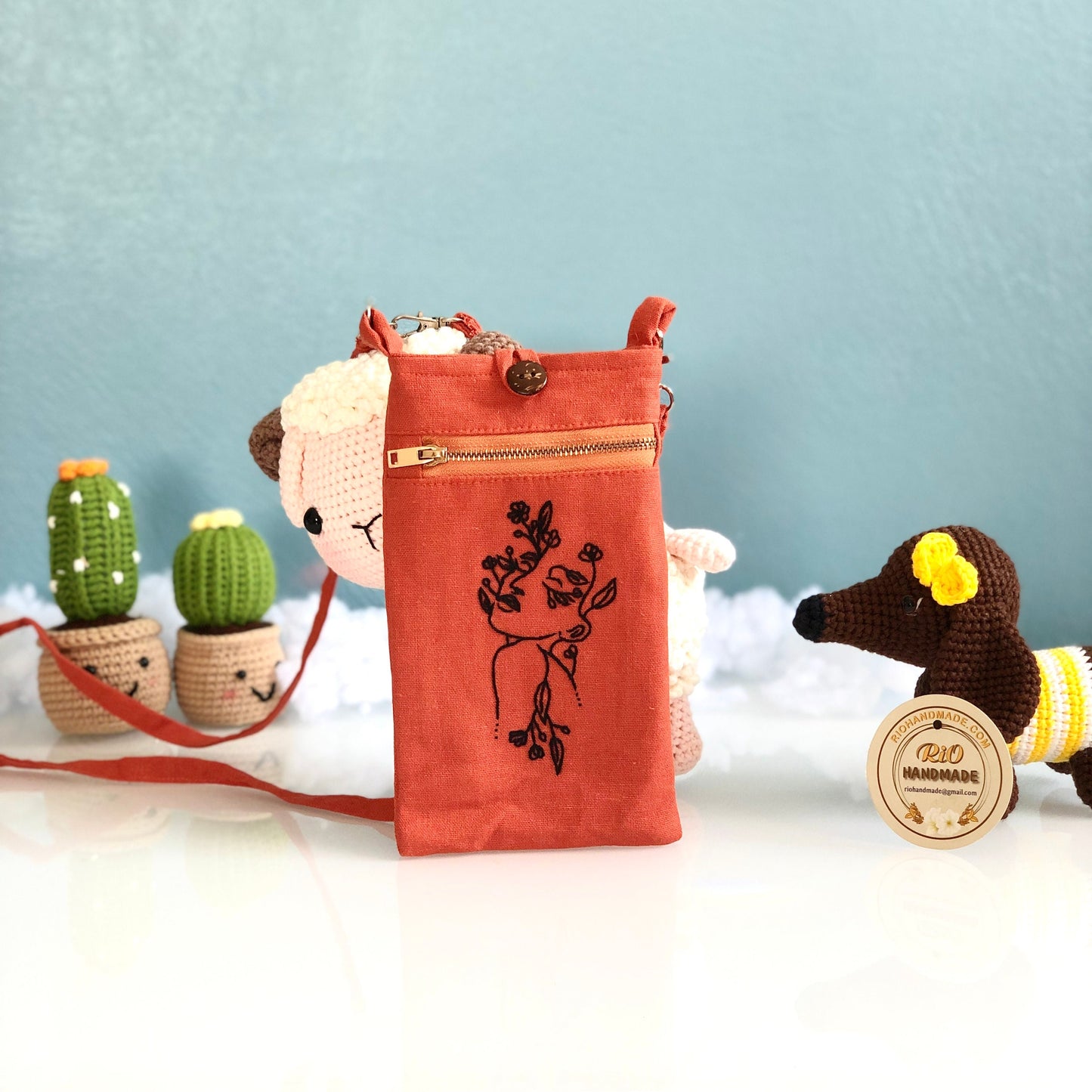 Hand Embroidered Linen Crossbody Phone Pouch, Linen Iphone Pouch, Cell phone crossbody purse