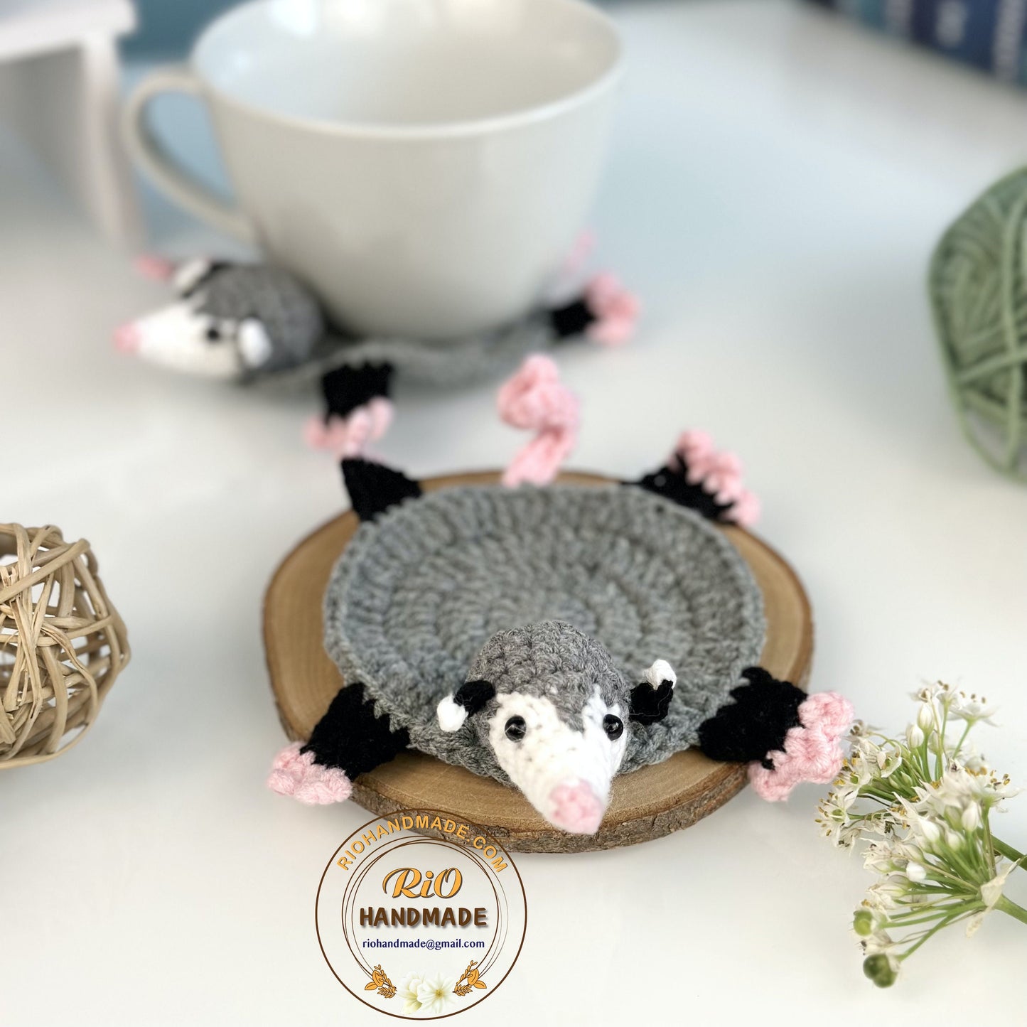 Ready To Ship, Rio Handmade Crochet Coaster, Crochet Opossum Coaster, Mug Rug, Housewarming Gift, Home Decor, Gift For Teacher, Parent